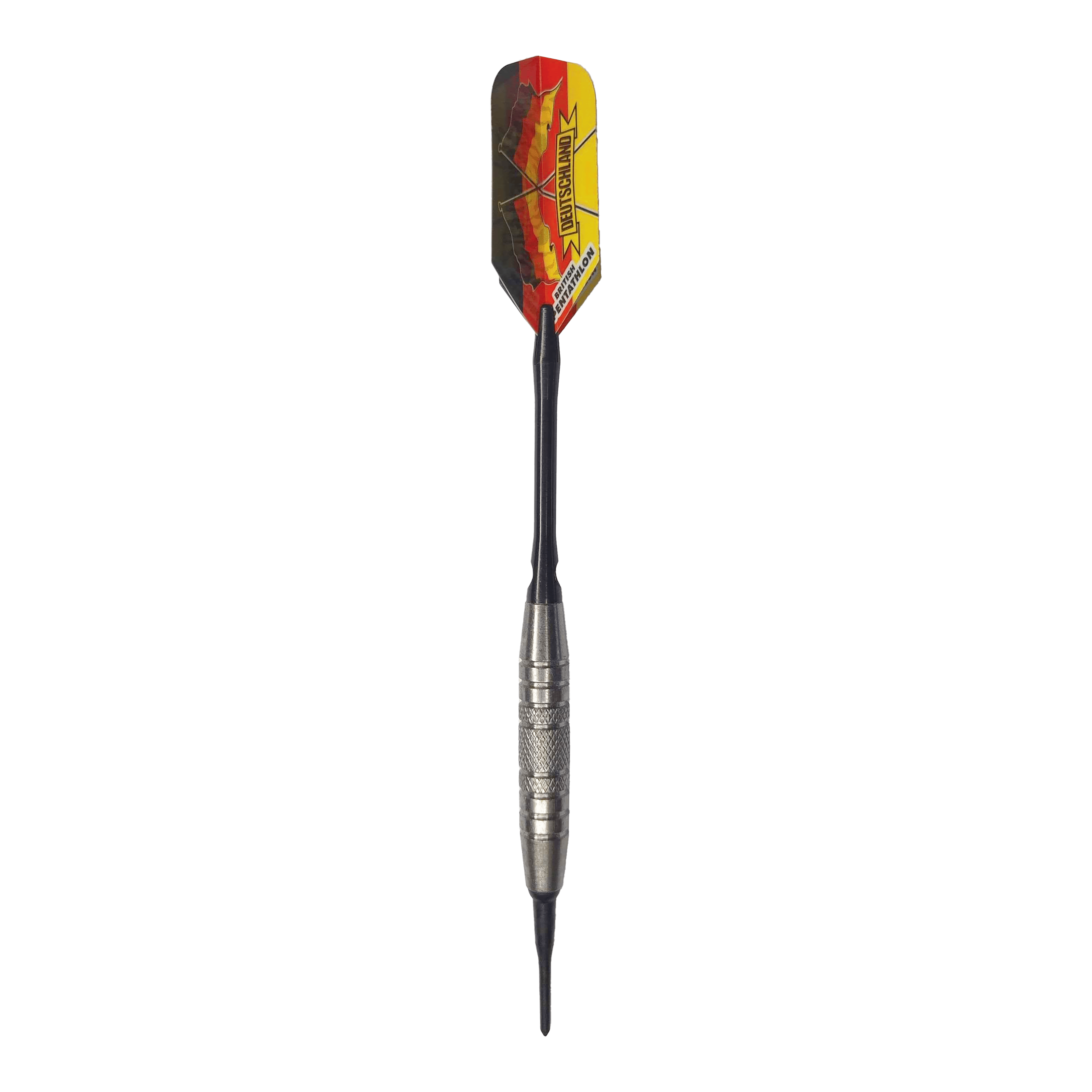 Freccette morbide McDart 85 Tungsten V6 - 16 g Dies ist ein Softdart des Modells "McDart 85er Tungsten V6" mit einem Gewicht von 16g. Der Dartpfeil hat eine rot-gelbe Flight mit der Aufschrift "DEUTSCHLAND".
