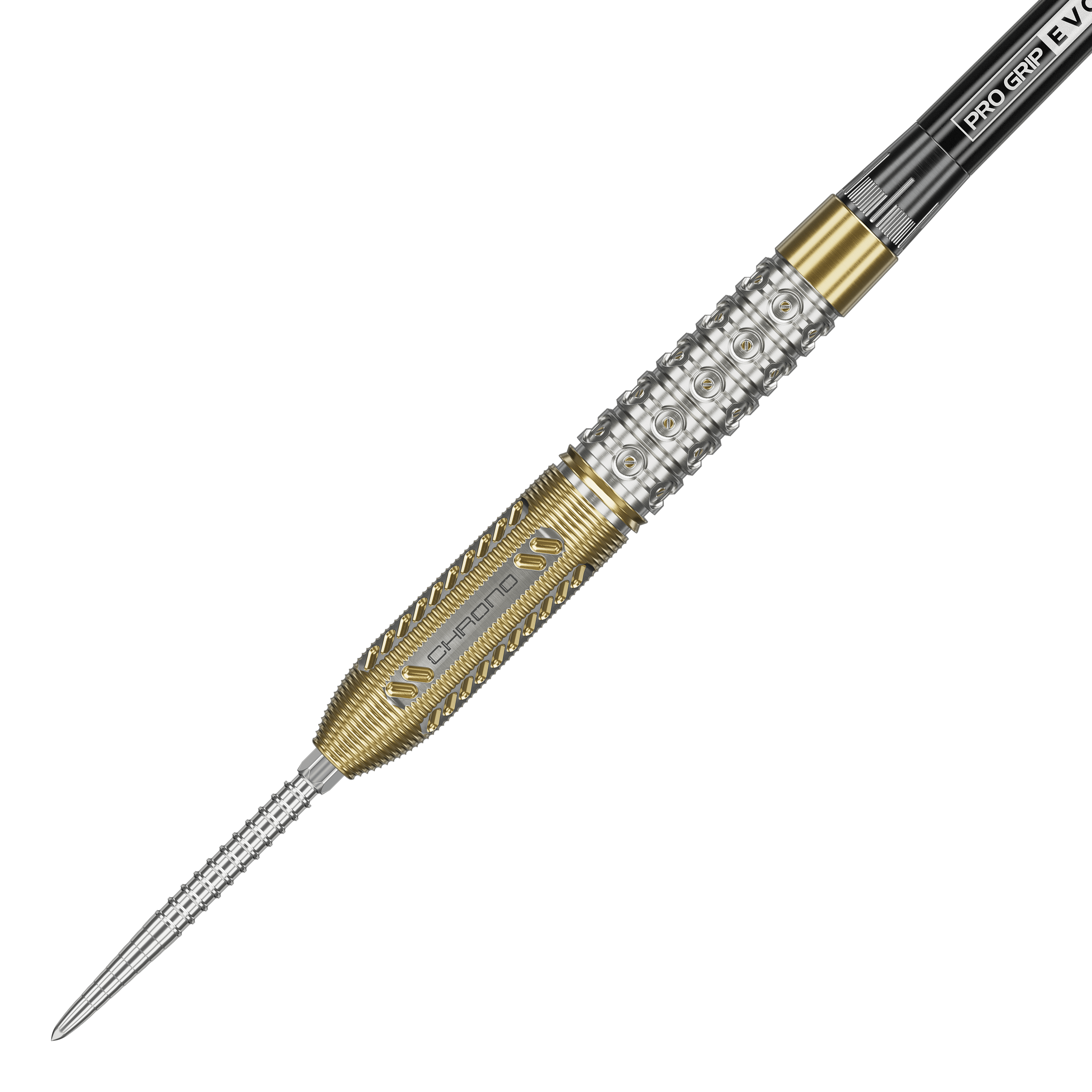 Das Bild zeigt einen Steeldart aus der Produktreihe "Target Raymond Van Barneveld Chrono 95 Swiss Point". Der Dartpfeil hat ein silbernes und goldenes Griffstück mit detaillierten Gravuren und Mustern.