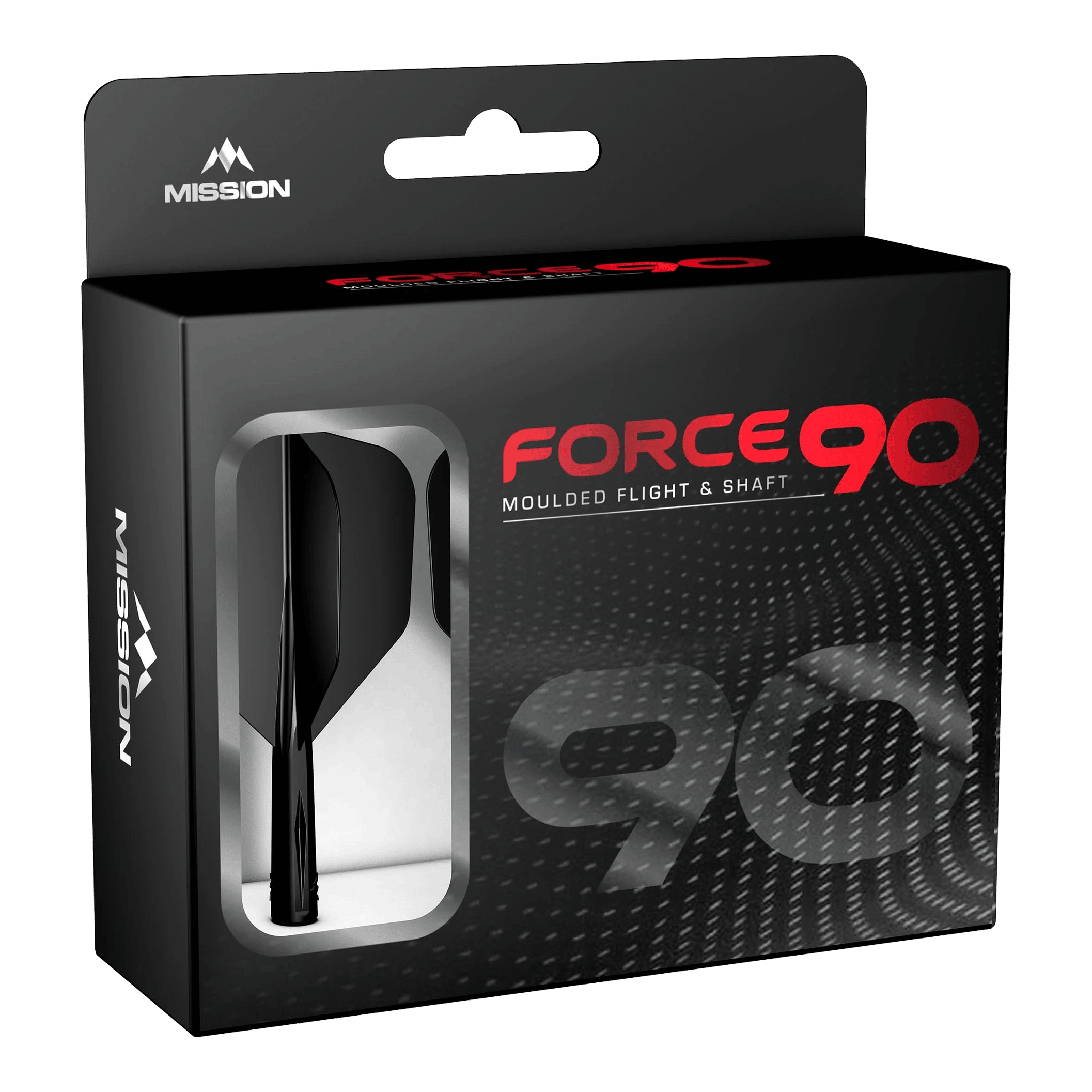 Sistema di alberi di volo Mission Force 90 No6 - Nero Die Abbildung zeigt die Verpackung des Produkts "Mission Force 90 No6 Flight-Shaft-System - Schwarz". In der Box befindet sich ein schwarzes Flight- und Shaft-System für Darts.