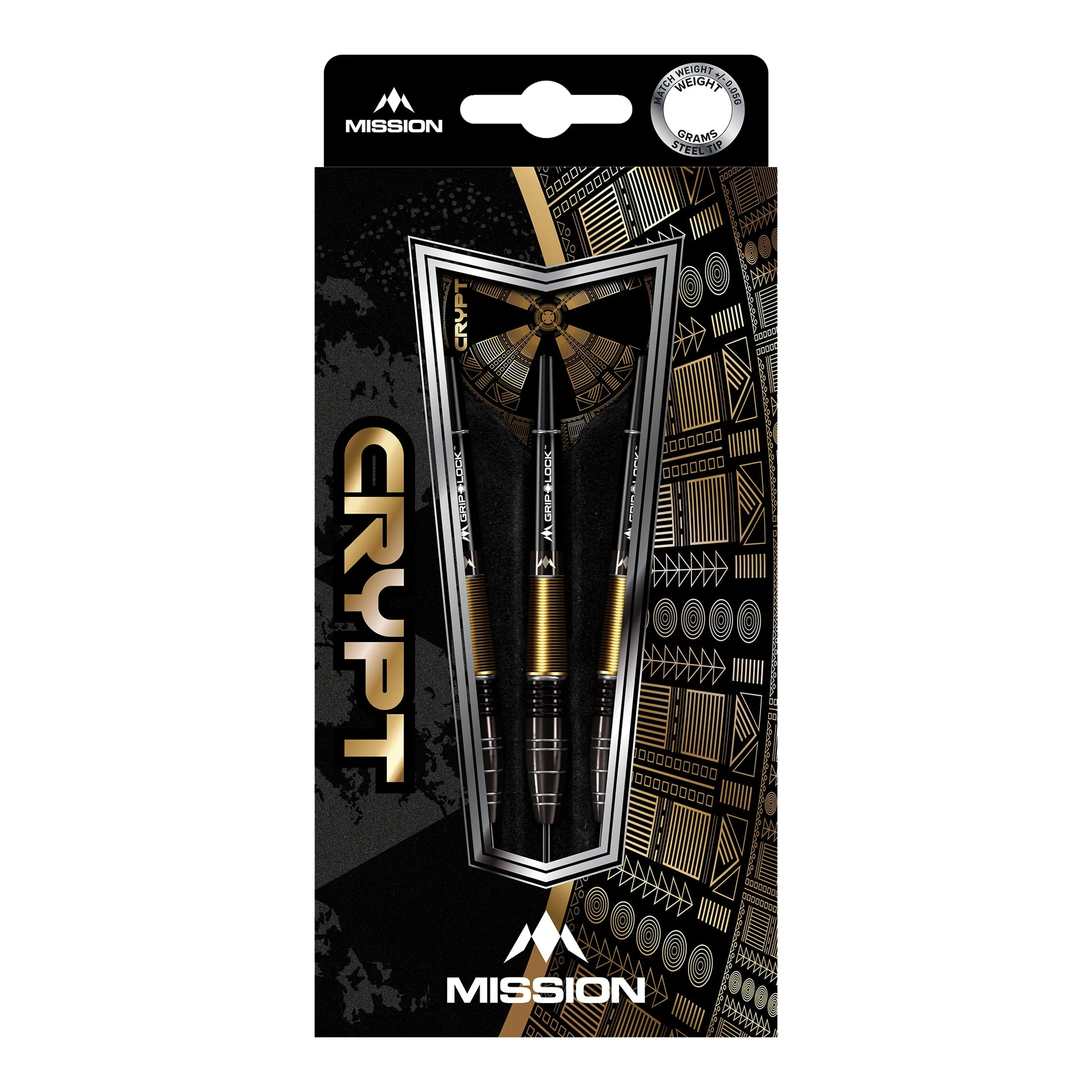Freccette in acciaio Mission Crypt modello 1 - 22 g Die Abbildung zeigt die Verpackung der "Mission Crypt Model 1 Steeldarts - 22g". Drei schwarze und goldene Steeldarts sind in einer stilvollen Box mit geometrischen Mustern angeordnet.