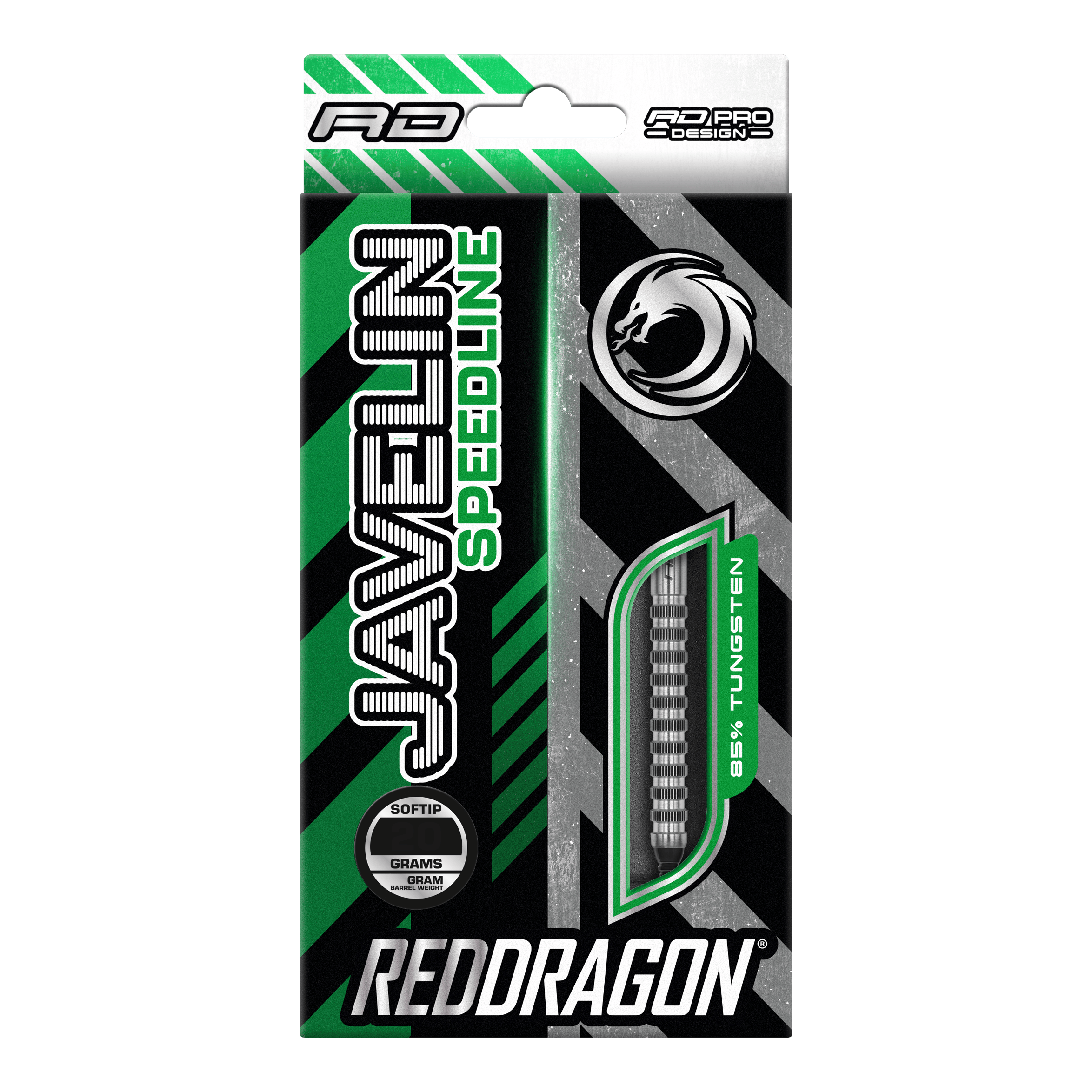 Freccette morbide Red Dragon Javelin Speedline - 20 g Die Verpackung zeigt die "Red Dragon Javelin Speedline Softdarts" mit 20 Gramm Gewicht. Das Design ist grün, schwarz und silbern und hebt 85% Tungsten hervor.