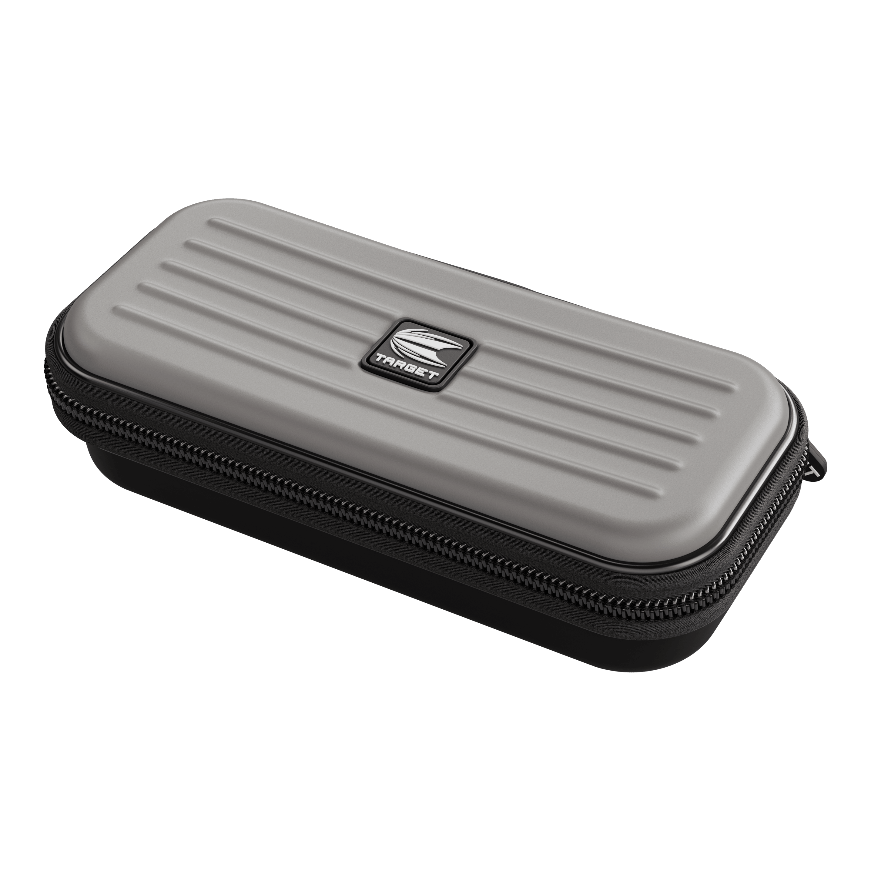 Target Takoma Dartwallet Das Bild zeigt ein rechteckiges, grau-schwarzes Etui mit Reißverschluss. Auf der Oberseite befindet sich ein Logo mit der Aufschrift "TARGET".