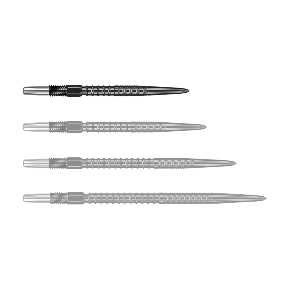Punte per freccette Target Swiss Firepoint nere Auf dem Bild sind vier schwarze Dartspitzen in einer Reihe zu sehen. Sie sind aus Metall und haben ein modernes, gerilltes Design.