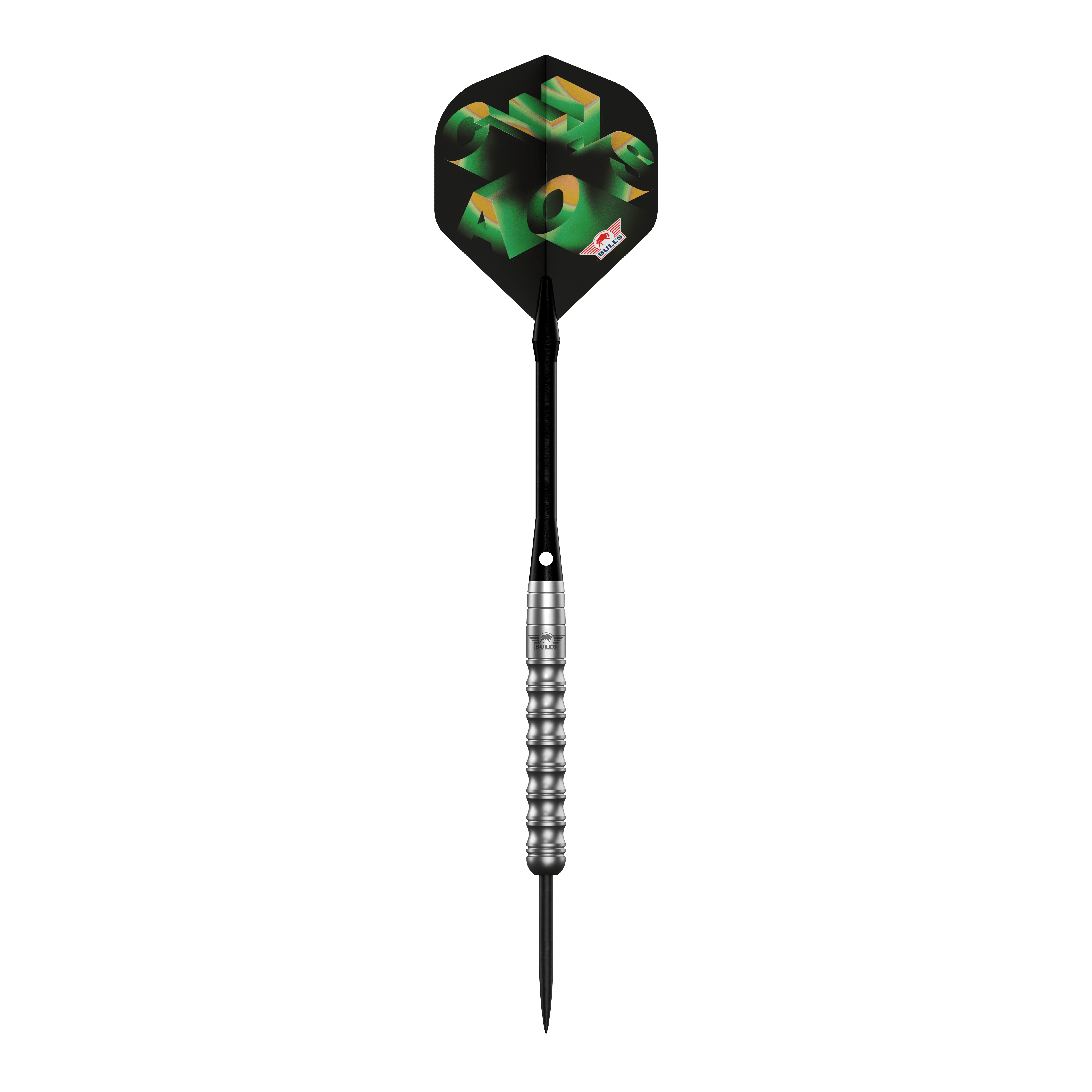 Bulls NL Chaos Freccette in acciaio verde - 24 g Das Bild zeigt die Bulls NL Chaos Green Steeldarts - 24g. Es handelt sich um ein Set grüner Steeldarts für Dartspieler.