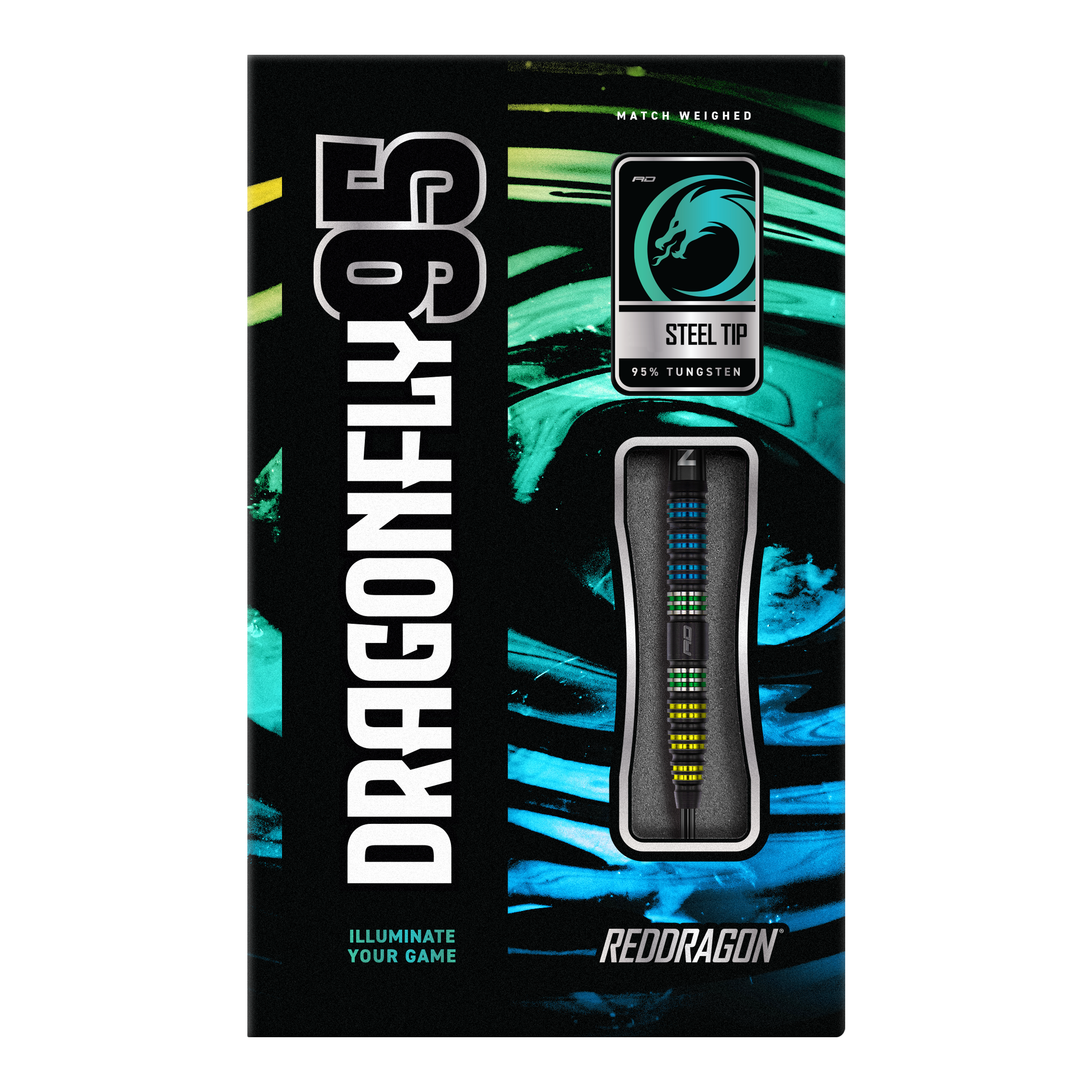 Red Dragon Dragonfly 95 freccette in acciaio coniche nere Auf dem Bild ist die Verpackung der "Red Dragon Dragonfly 95 Black Tapered Steeldarts" zu sehen. Die Schachtel hebt das Design der Darts sowie den Schriftzug und die Materialien hervor.