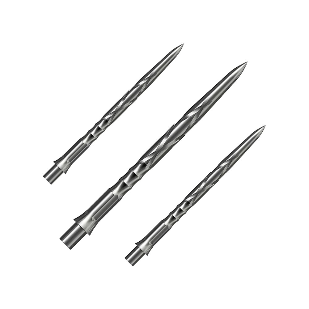 Punte per freccette in acciaio Caliburn System - HAN G2 - Argento Auf dem Bild sind drei silberne Steeldartspitzen mit einem spiralförmigen Muster zu sehen. Sie liegen nebeneinander auf einem neutralen Hintergrund.