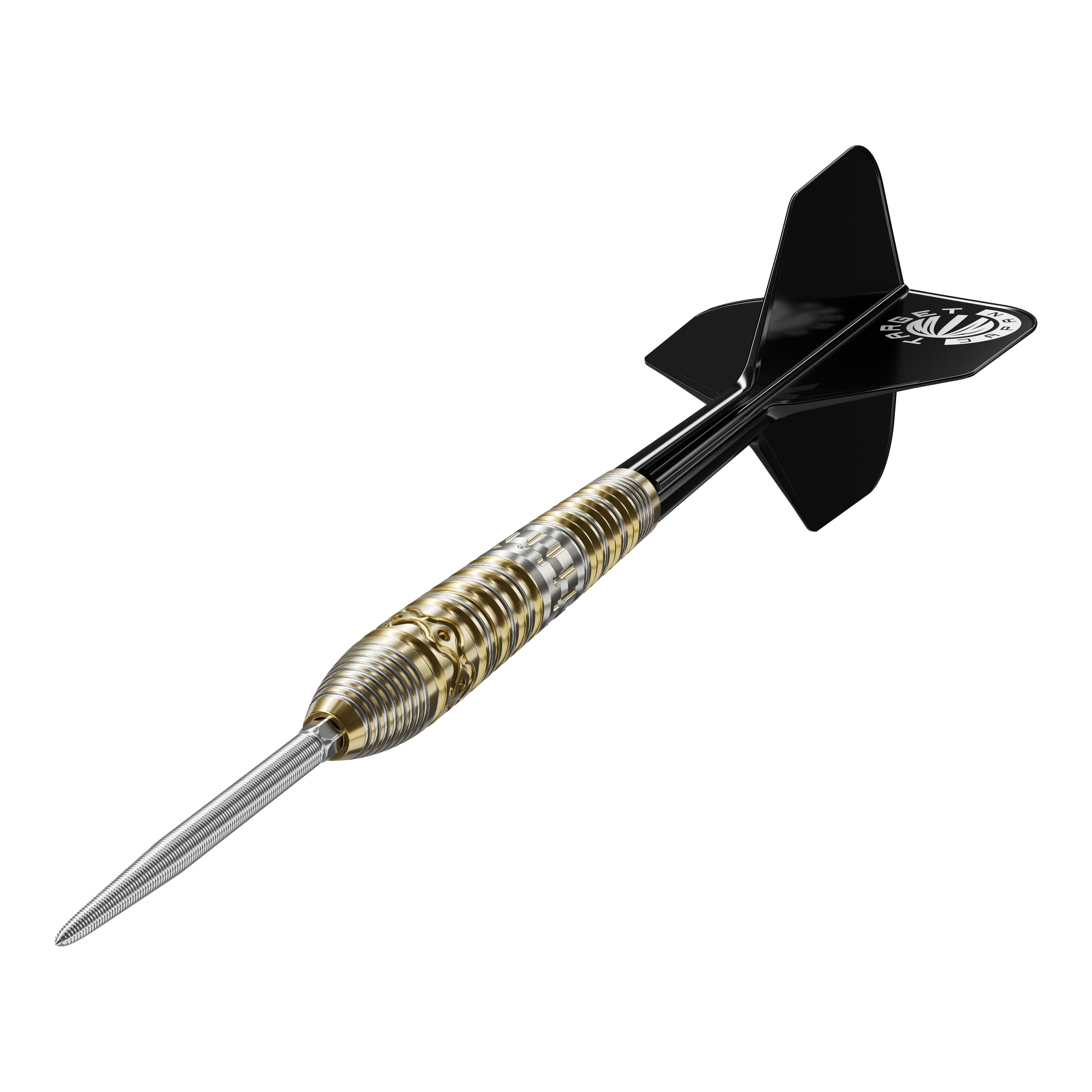 Freccette in acciaio Target Japan Hot Shot GEN2 - 23 g Das Bild zeigt einen Target Japan Hot Shot GEN2 Steeldart mit einem Gewicht von 23g. Der Dart hat einen metallischen, geriffelten Griffbereich und schwarze Flights.