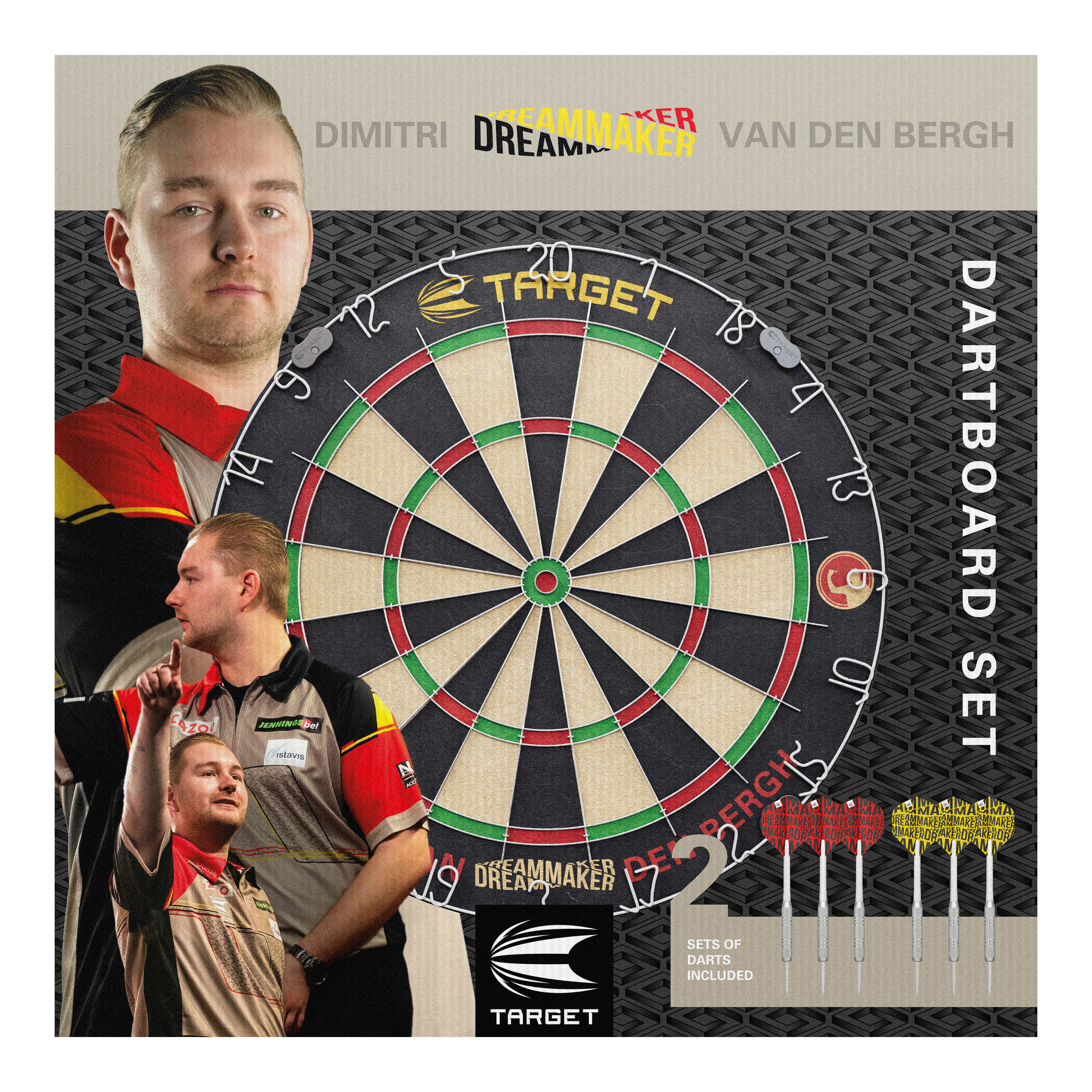 Set di bersagli in acciaio Target Dimitri Van Den Bergh Das Bild zeigt das Produkt "Target Dimitri Van Den Bergh Steeldartboard Set" mit einer großen Dartscheibe in der Mitte. Rechts unten sieht man sechs mitgelieferte Darts und im Hintergrund ist Dimitri Van Den Bergh mehrfach abgebildet.