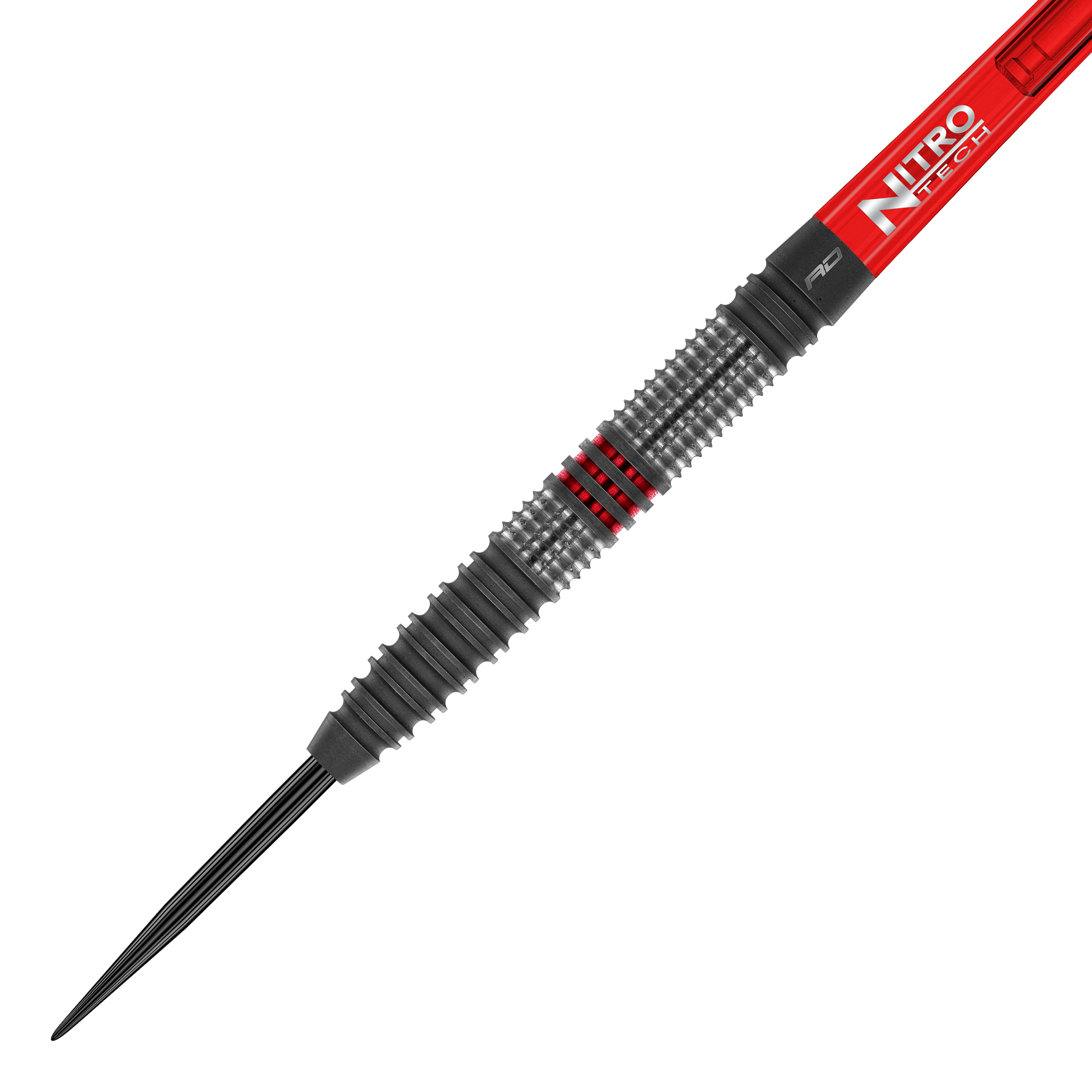 Freccette in acciaio Red Dragon Jonny Clayton Hiraeth Das Bild zeigt einen Steeldart namens "Red Dragon Jonny Clayton Hiraeth". Der Dart hat ein geriffeltes Griffstück mit schwarzen und roten Akzenten sowie einen roten Schaft mit der Aufschrift "Nitro Tech".