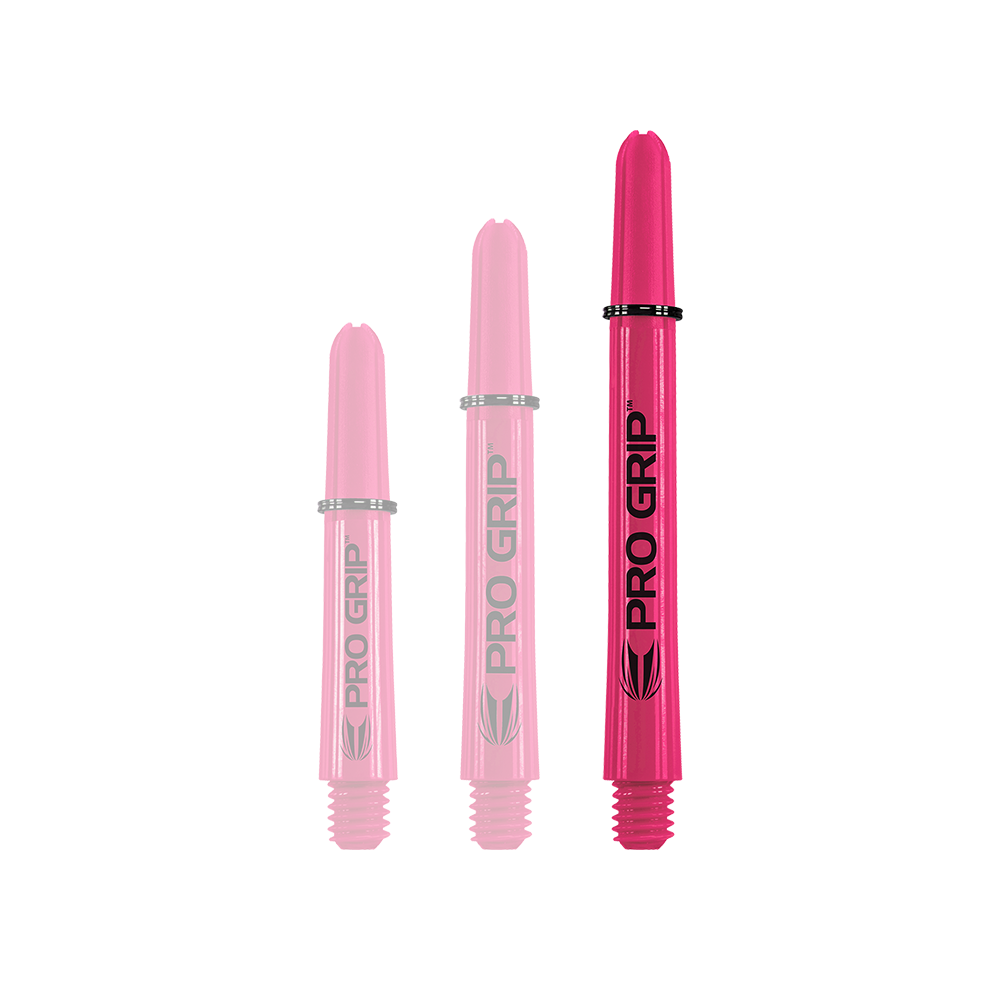 Target Pro Grip Shafts - 3 set - Rosa Das Bild zeigt drei pinke Pro Grip Shafts in verschiedenen Längen. Sie stehen nebeneinander und haben die Aufschrift "PRO GRIP".