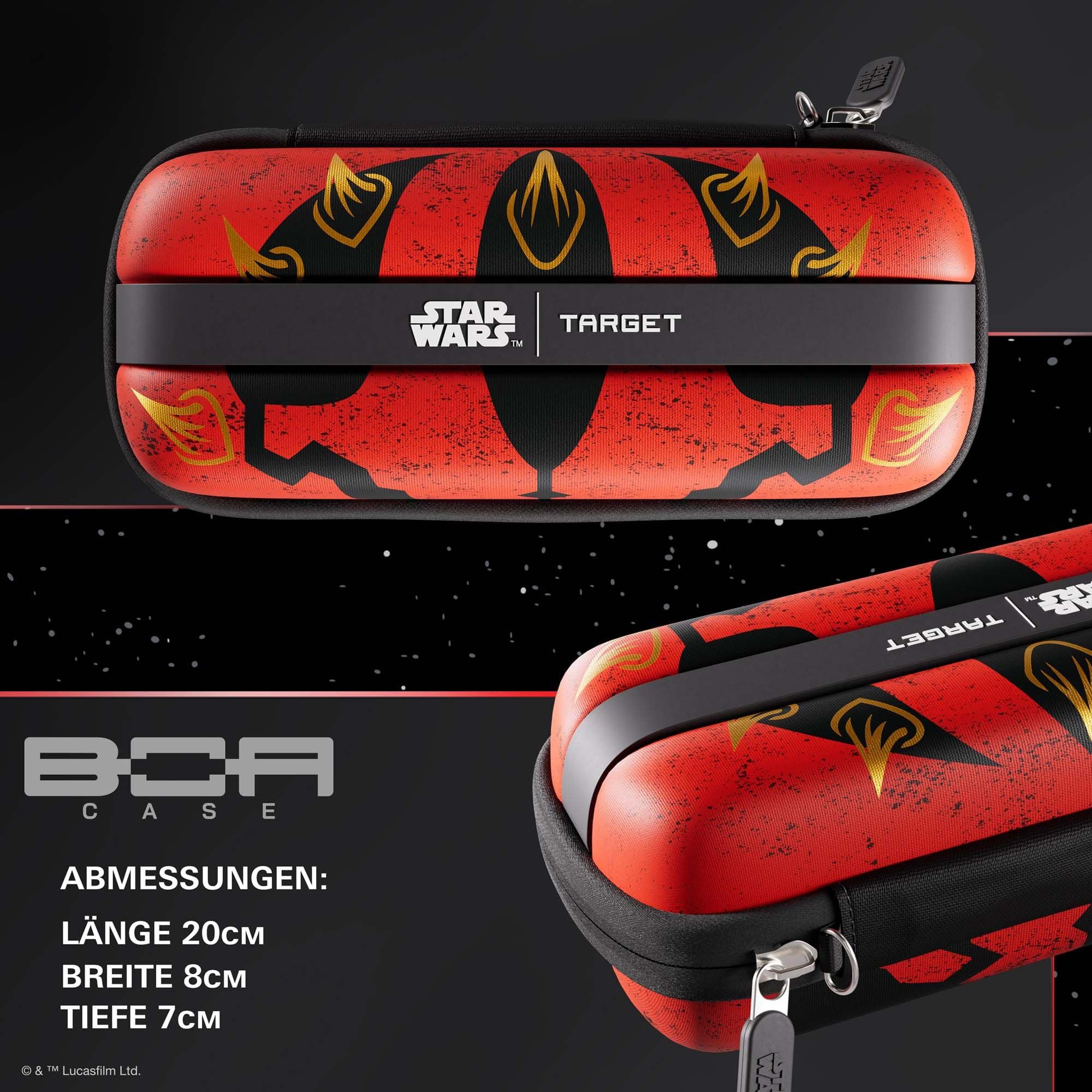 Portafreccette Target Star Wars Boa - Darth Maul Das Bild zeigt das Target Star Wars Boa Dartcase mit Darth Maul Motiv. Es handelt sich um eine Darttasche im Star Wars Design.