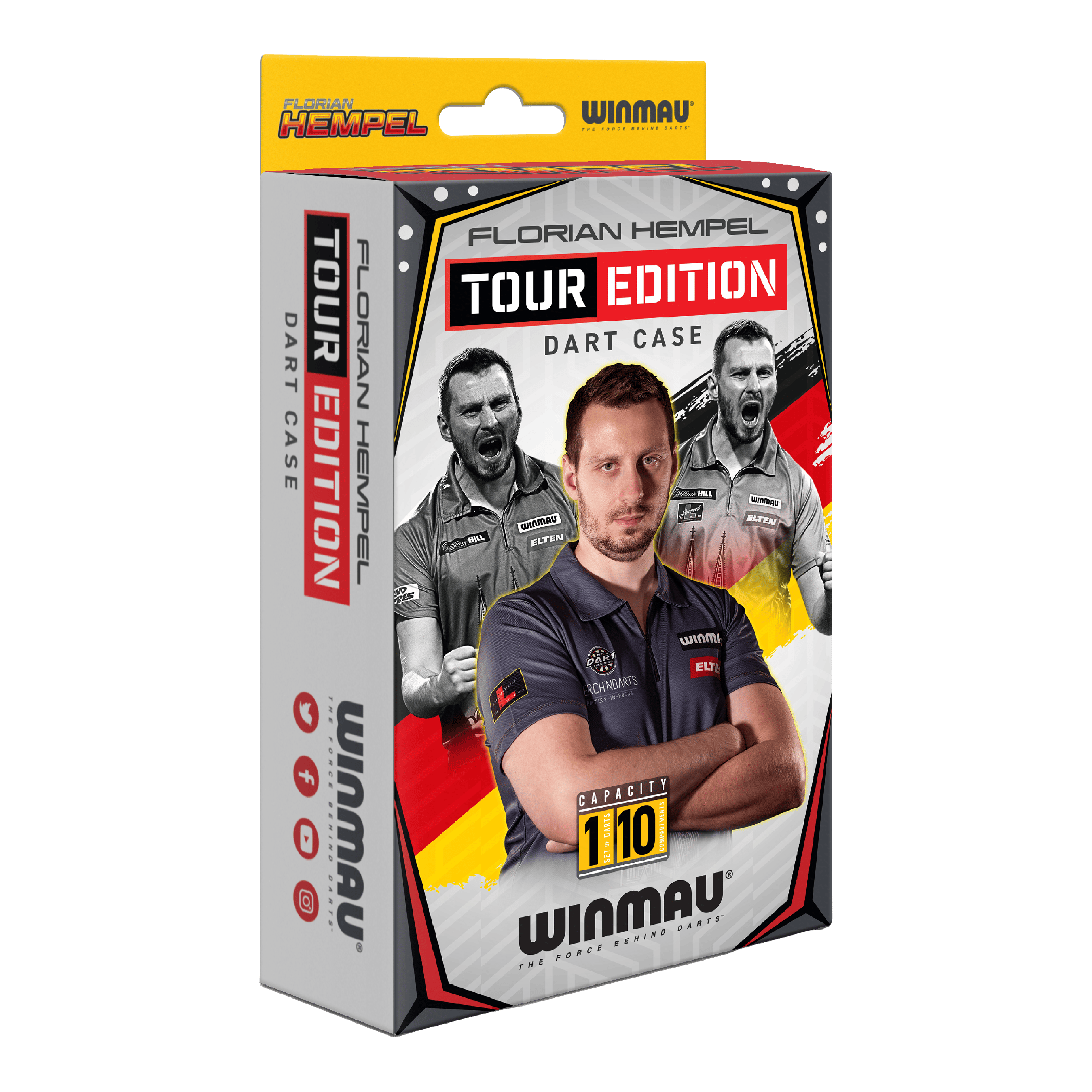 Custodia per freccette Winmau Florian Hempel Tour Edition Die Verpackung zeigt das Produkt "Winmau Florian Hempel Tour Edition Dartcase". Auf der Vorderseite sind Bilder von Florian Hempel und der Hinweis auf eine Kapazität von 110 Darts abgebildet.