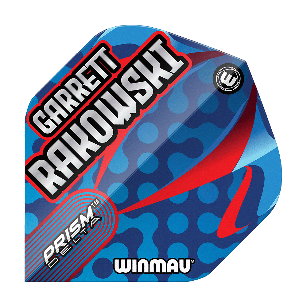 Voli standard Winmau Prism Delta Garrett Rakowski Das Bild zeigt die Winmau Prism Delta Garrett Rakowski Standard Flights. Das Flight-Design ist blau mit roten und hellblauen Akzenten sowie dem Namen "Garrett Rakowski" in großen Buchstaben.