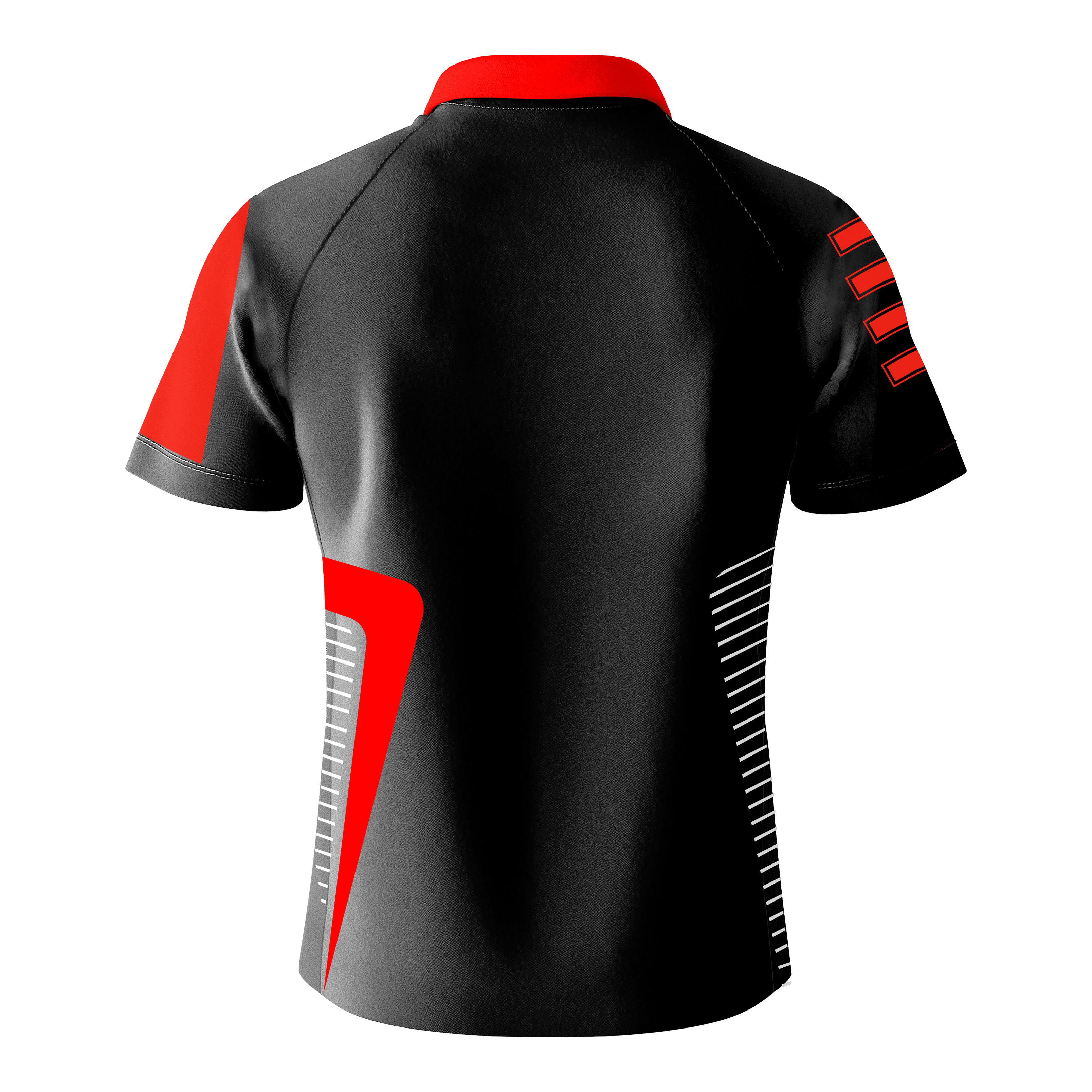Maglietta Bulls Team Dart - Rossa Das Bild zeigt das Bulls Team Dartshirt in Rot von hinten. Das Shirt ist hauptsächlich schwarz mit roten und weißen Designelementen auf den Ärmeln und an den Seiten.
