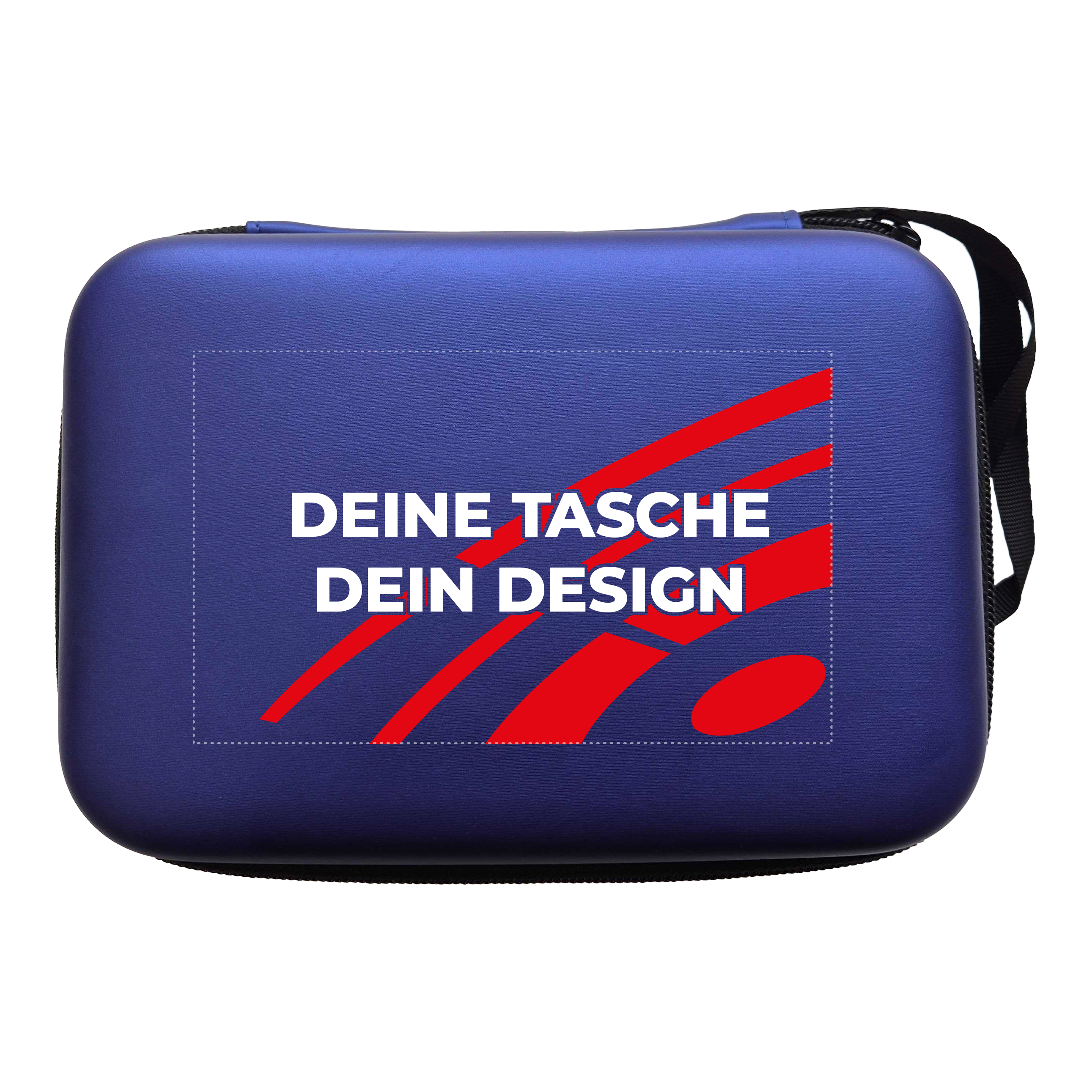 Custodia per freccette System-4 con il tuo design Hier ist ein McDart System4 Dartcase in Blau Metallic zu sehen. Das Etui liegt geöffnet auf einer glänzenden Oberfläche.