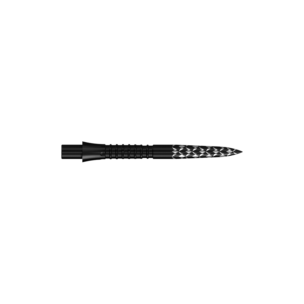 Schwarze Steeldartspitzen mit GV-Logo und einer Länge von 26 mm sind zu sehen. Das Bild zeigt das Produkt aus der Mission Caliburn EVO Serie.