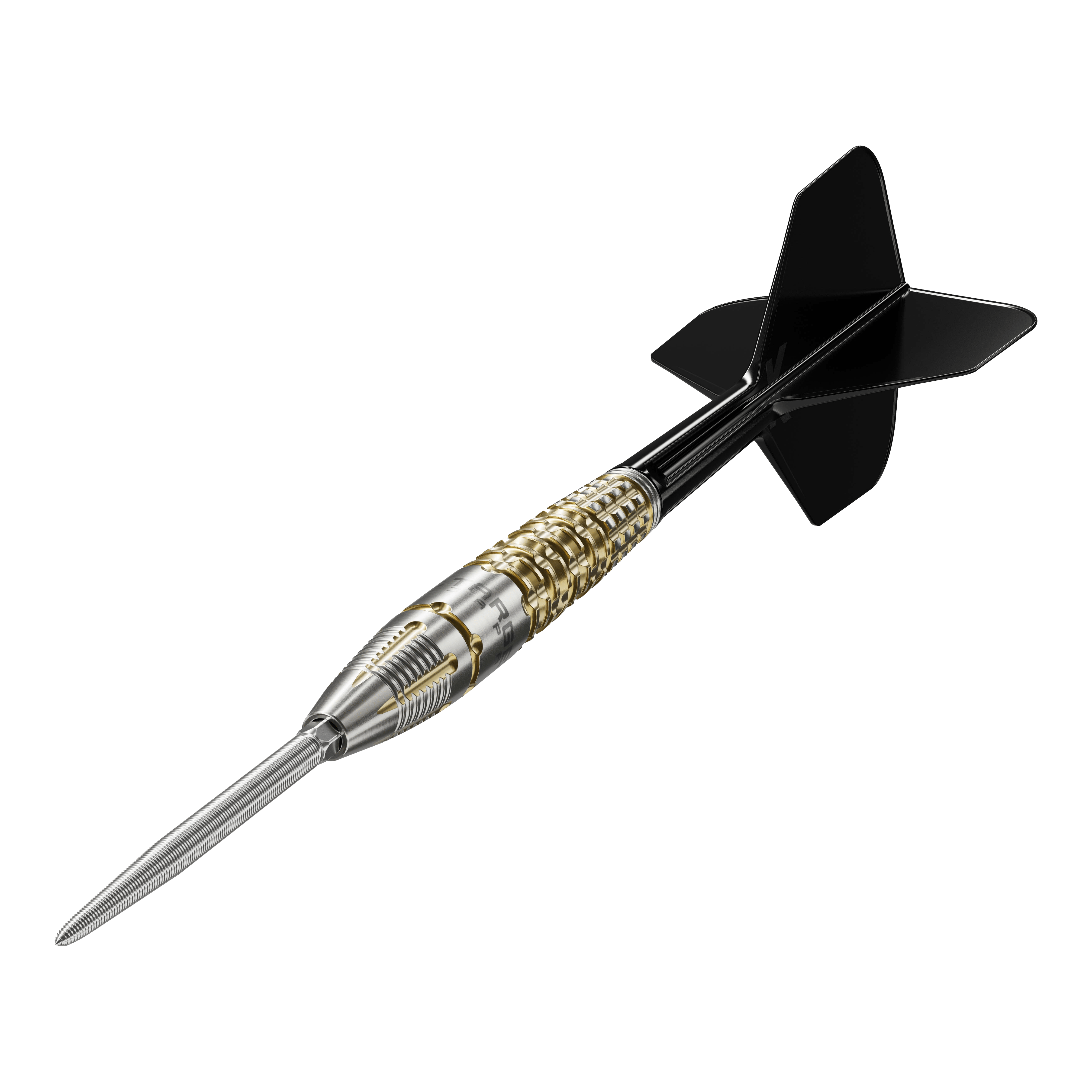 Freccette in acciaio Target Black Marque Warrior Swiss Point Das Bild zeigt einen Target Black Marque Warrior Swiss Point Steeldart. Der Dart hat eine silberne Spitze, einen gold-silbernen Griff und schwarze Flights.