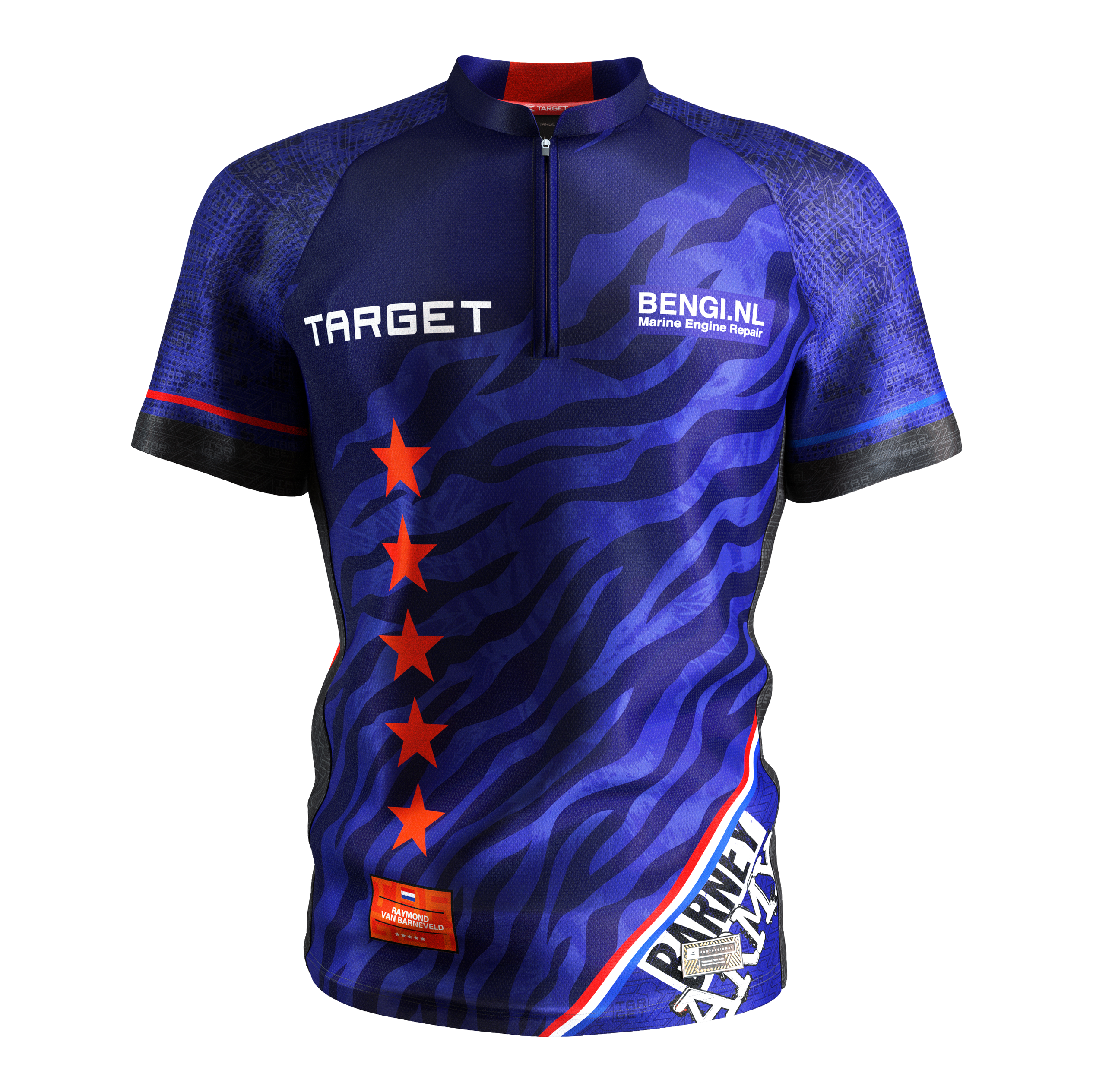 Maglia da freccette Target Coolplay Raymond Van Barneveld 2025 Das Bild zeigt das Produkt "Target Coolplay Raymond Van Barneveld 2025 Dartshirt". Das Dartshirt ist hauptsächlich blau mit roten Sternen und weißen Schriftzügen.