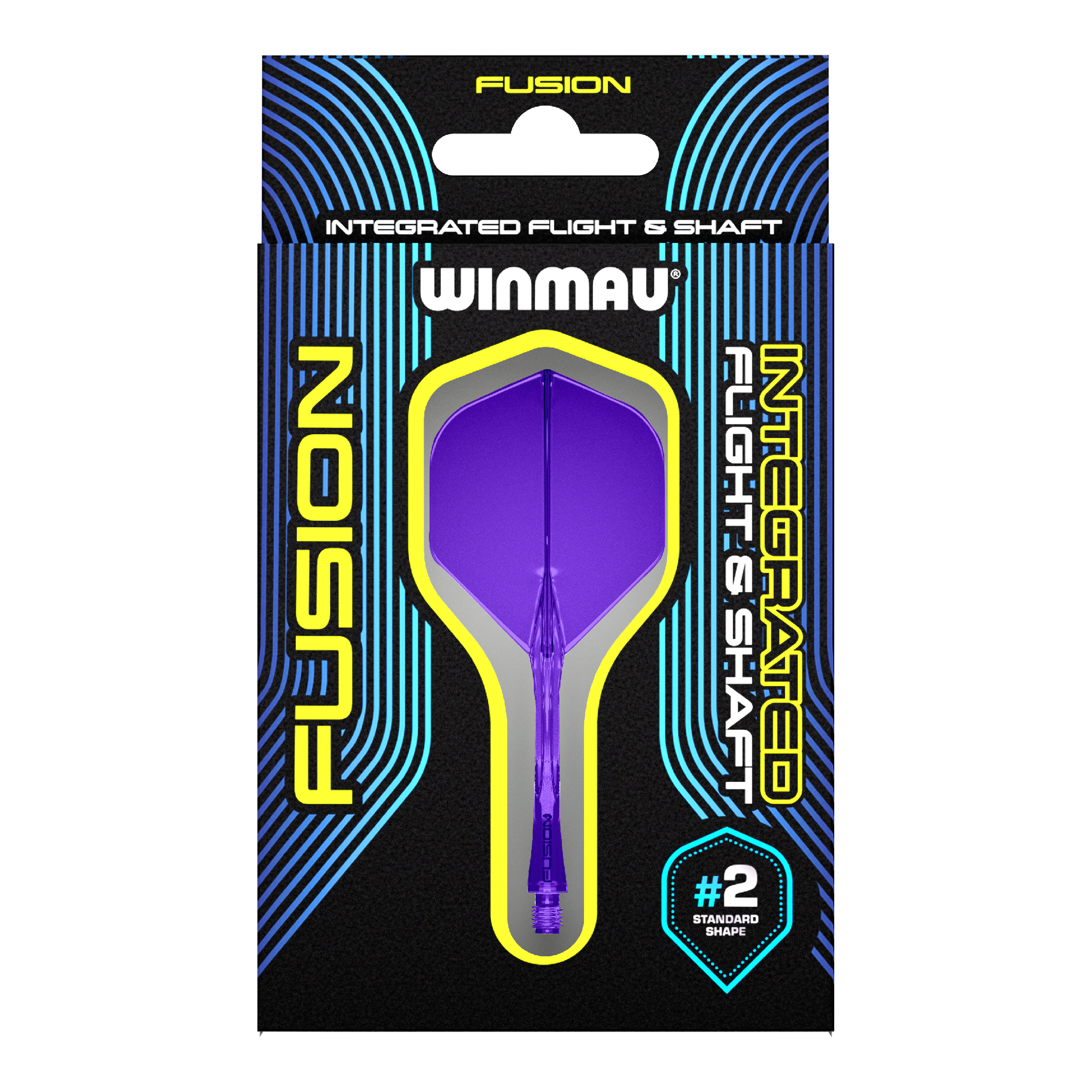 Sistema di alberi di volo Winmau Fusion standard viola Auf dem Bild ist eine Verpackung mit einem lila Dart-Flug- und Schaftsystem der Marke Winmau zu sehen. Die Verpackung trägt die Aufschrift "Fusion Integrated Flight & Shaft" und hebt die Standardform #2 hervor.