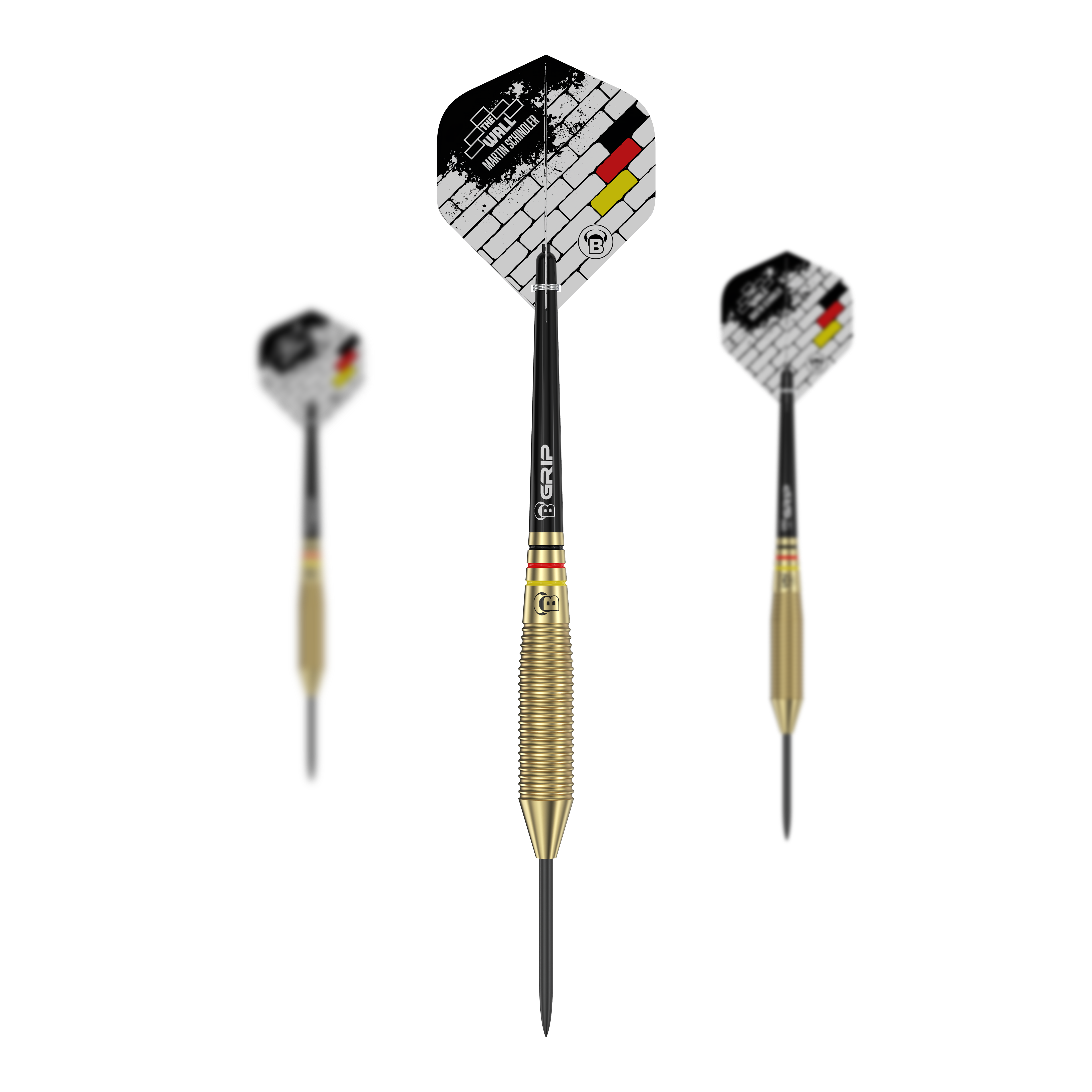 Bulls Martin Schindler The Wall Brass Steeldarts Das Bild zeigt drei Steeldarts mit goldfarbenem Griff und schwarzen Spitzen aus der Serie "Bulls Martin Schindler The Wall Brass Steeldarts". Die Flights haben ein Ziegelstein-Design mit den Farben der deutschen Flagge.