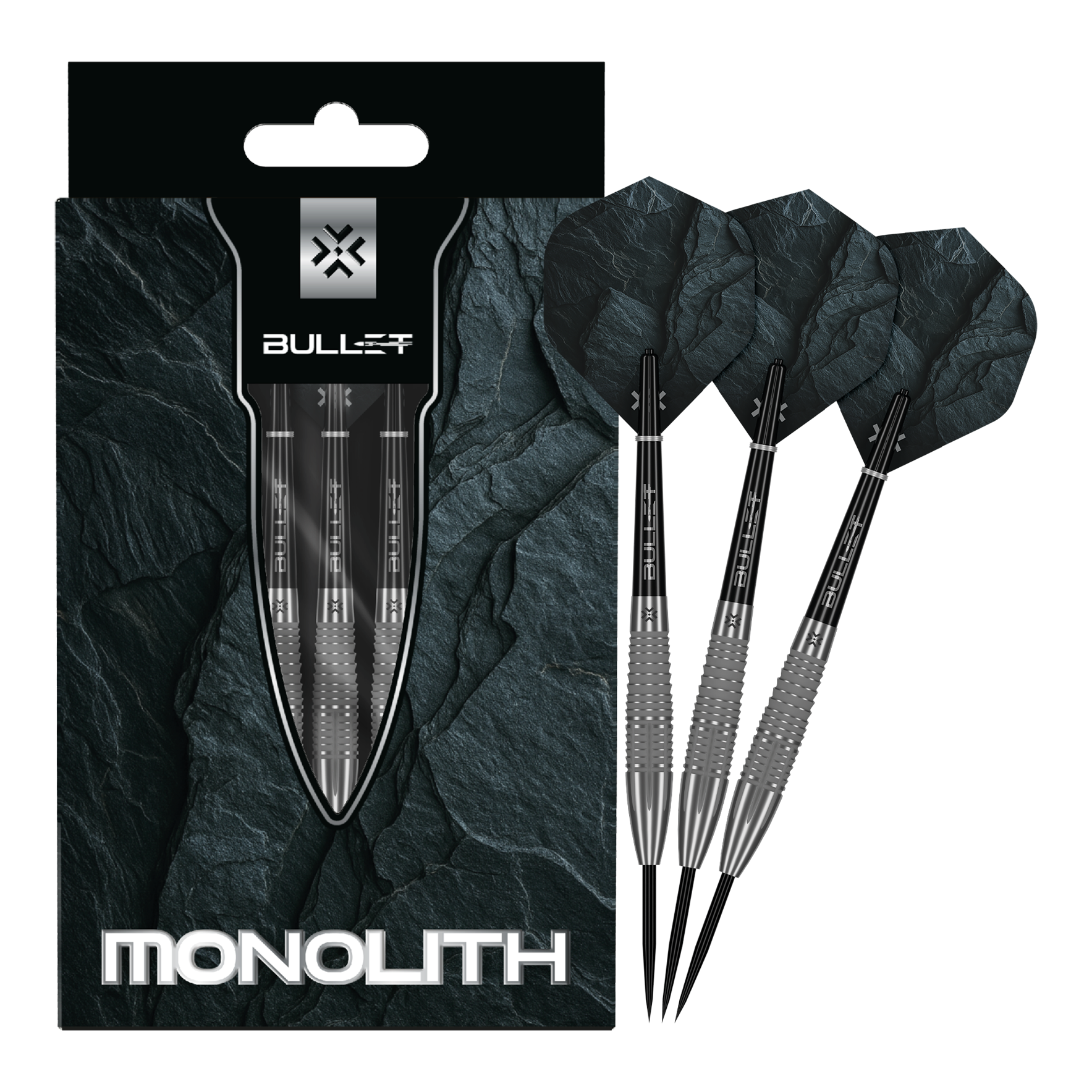 Abgebildet sind die Bullet Monolith Steel Darts in voller Länge. Dieses Produkt eignet sich für das Steeldart-Spiel.