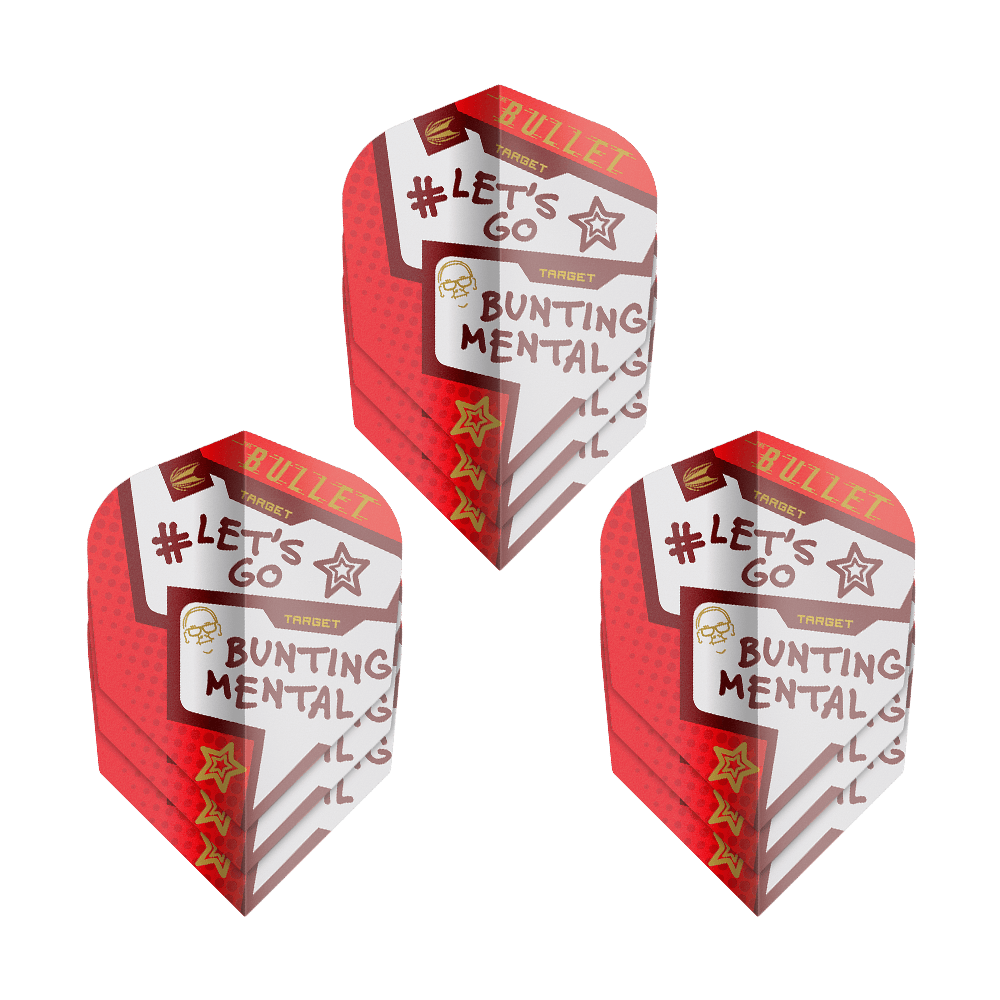 Target Pro Ultra Stephen Bunting Mental No6 Flights - 3 set Das Bild zeigt drei Sets der "Target Pro Ultra Stephen Bunting Mental No6 Flights" für Darts. Die Flights sind rot-weiß gestaltet und tragen Aufschriften wie "#LET'S GO" und "BUNTING MENTAL."