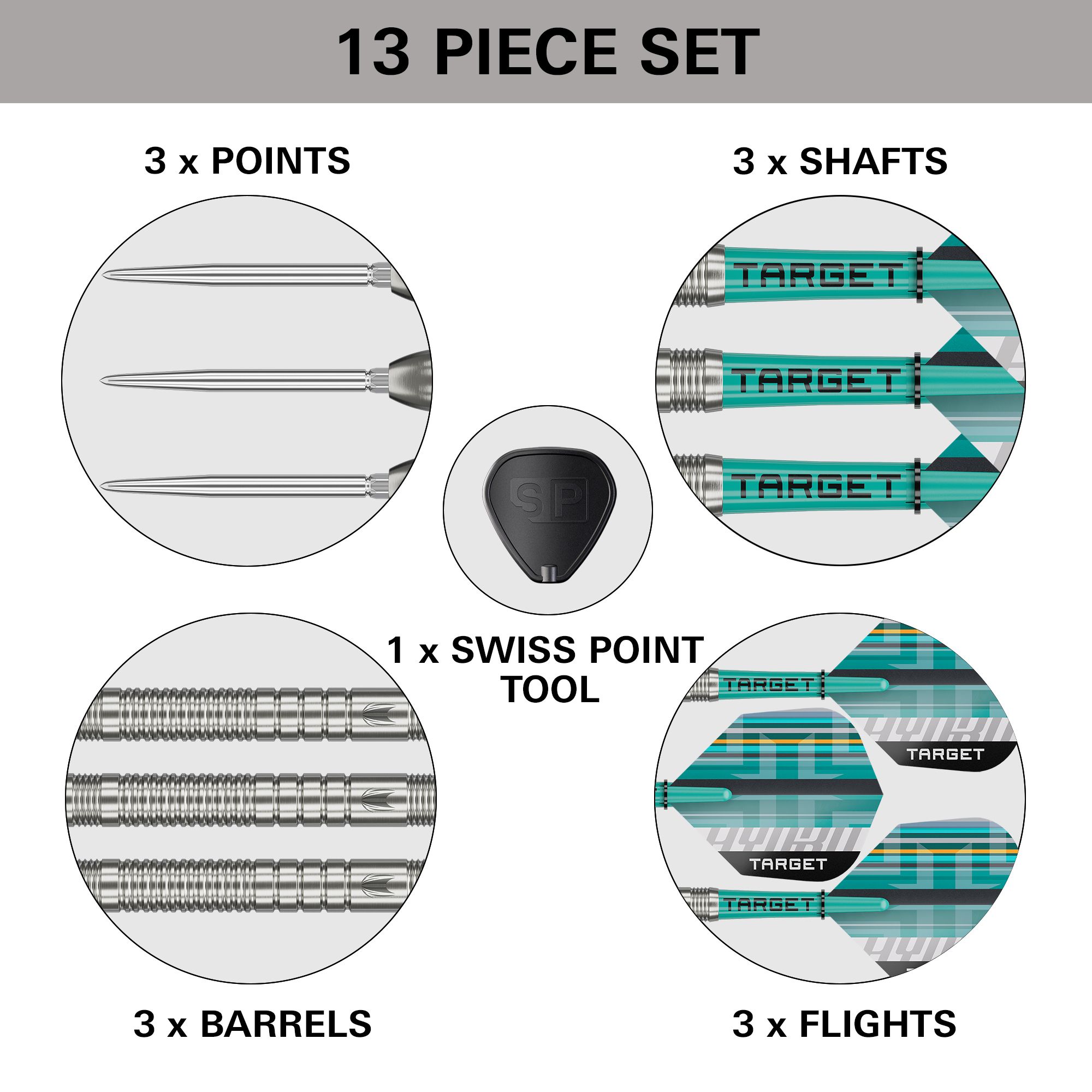 Freccette in acciaio Target Hydro 03 Swiss Point Zu sehen sind die Target Hydro 03 Swiss Point Steeldarts. Die Steeldarts werden detailliert ausgeleuchtet.