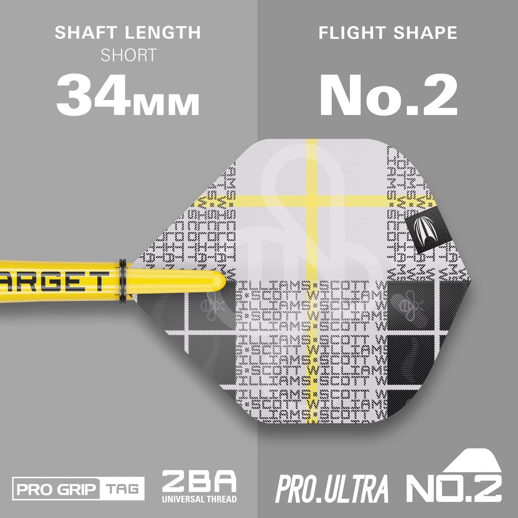 Freccette morbide Target Scott Williams GEN2 - 18 g Das Bild zeigt das Produkt "Target Scott Williams GEN2 Softdarts - 18g" mit einem kurzen Schaft von 34 mm. Die Flight-Form ist No. 2 und das Design ist in Gelb, Weiß und Schwarz gehalten.