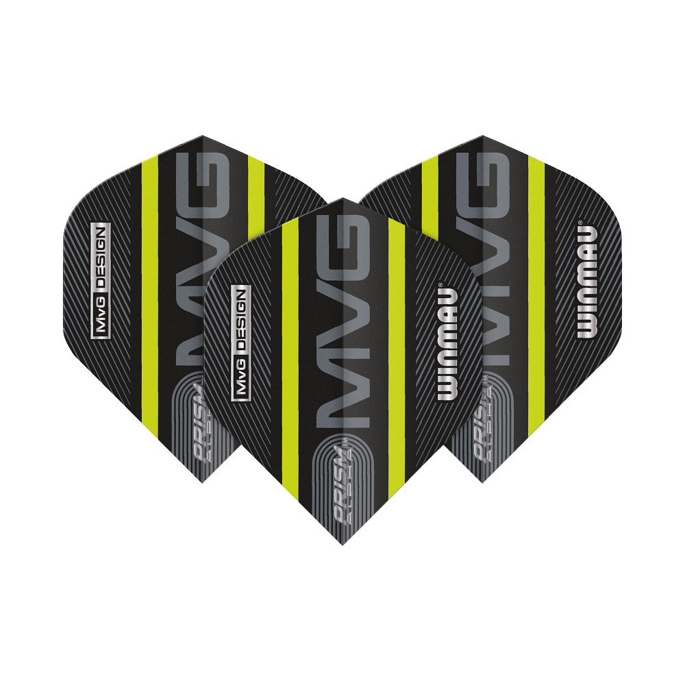 6915-188_Winmau_Prism_Alpha_MvG_Green_Standard_Flights_1DsuqRMQsWxUEQ Das Bild zeigt drei Winmau Prism Alpha MvG Green Standard Flights für Darts. Die Flights sind schwarz mit grünen Streifen und silberner Aufschrift.