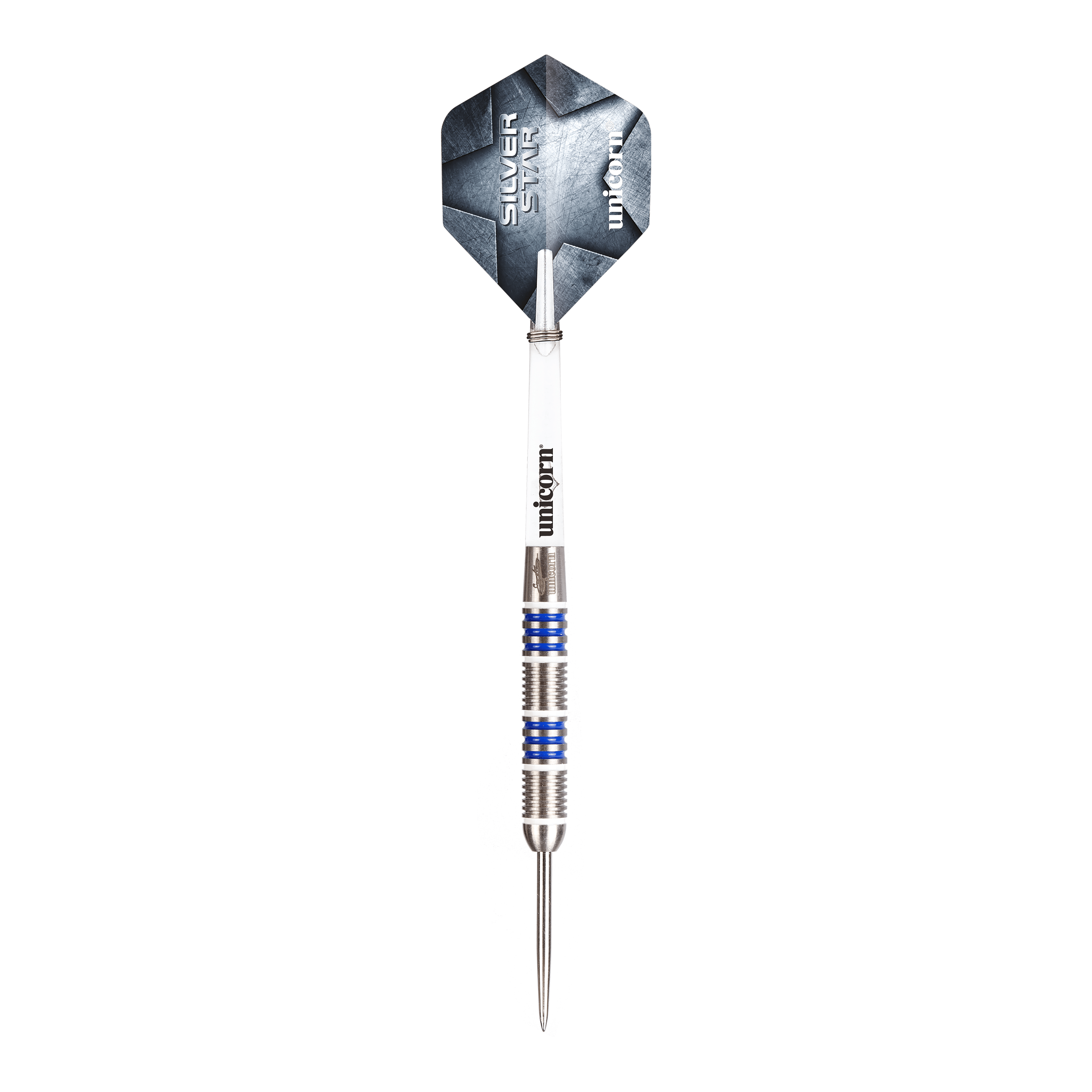 Freccette in acciaio Unicorn Silver Star Var.4 Gary Anderson Dieses Bild zeigt Unicorn Silver Star Var.4 Gary Anderson Steeldarts. Die Darts liegen nebeneinander auf einer weißen Fläche.