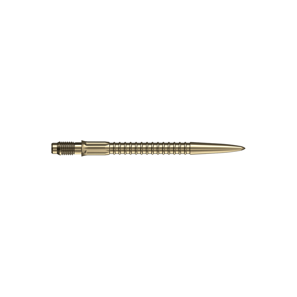 Punte per freccette Mission R2.5 Rapid Point GV1 - Oro Dartspitzen in goldener Farbe sind auf weißem Hintergrund abgebildet. Geeignet als Ersatzteile für Darts.