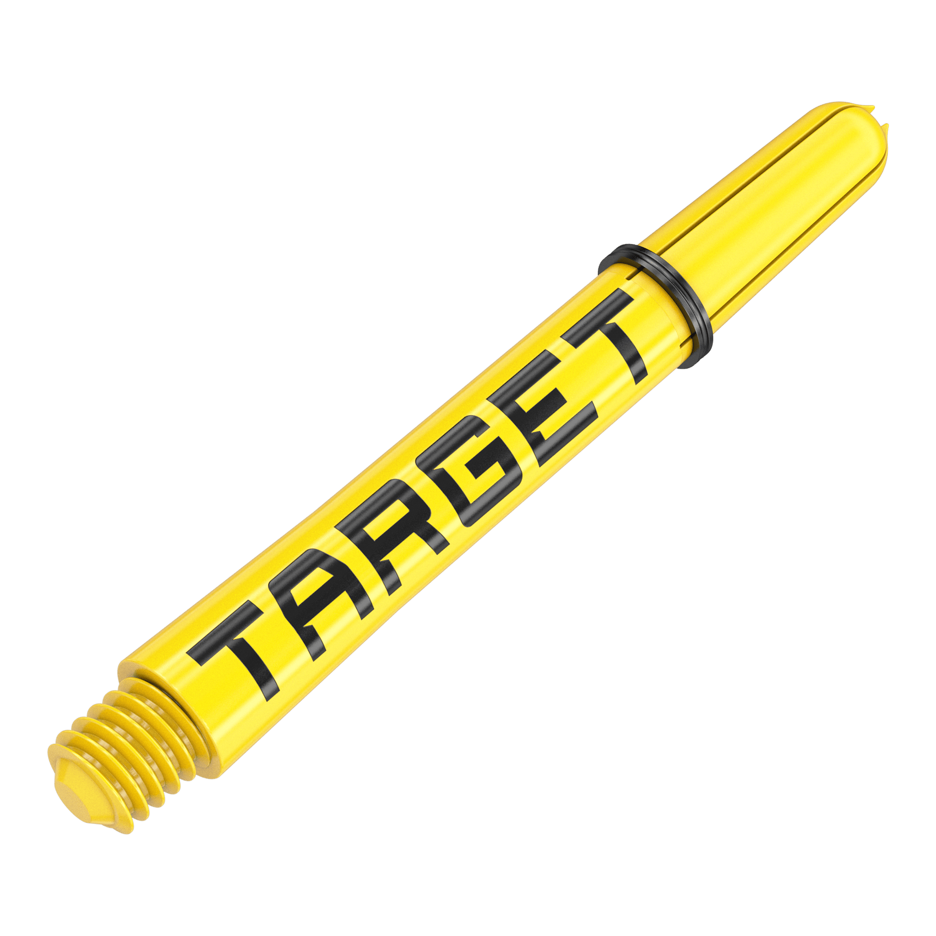 Aste Target Pro Grip TAG - 3 set - Giallo Dies ist ein gelber Dart-Schaft mit dem Schriftzug "TARGET". Der Schaft hat ein schwarzes Gummiband und ein Schraubgewinde am Ende.