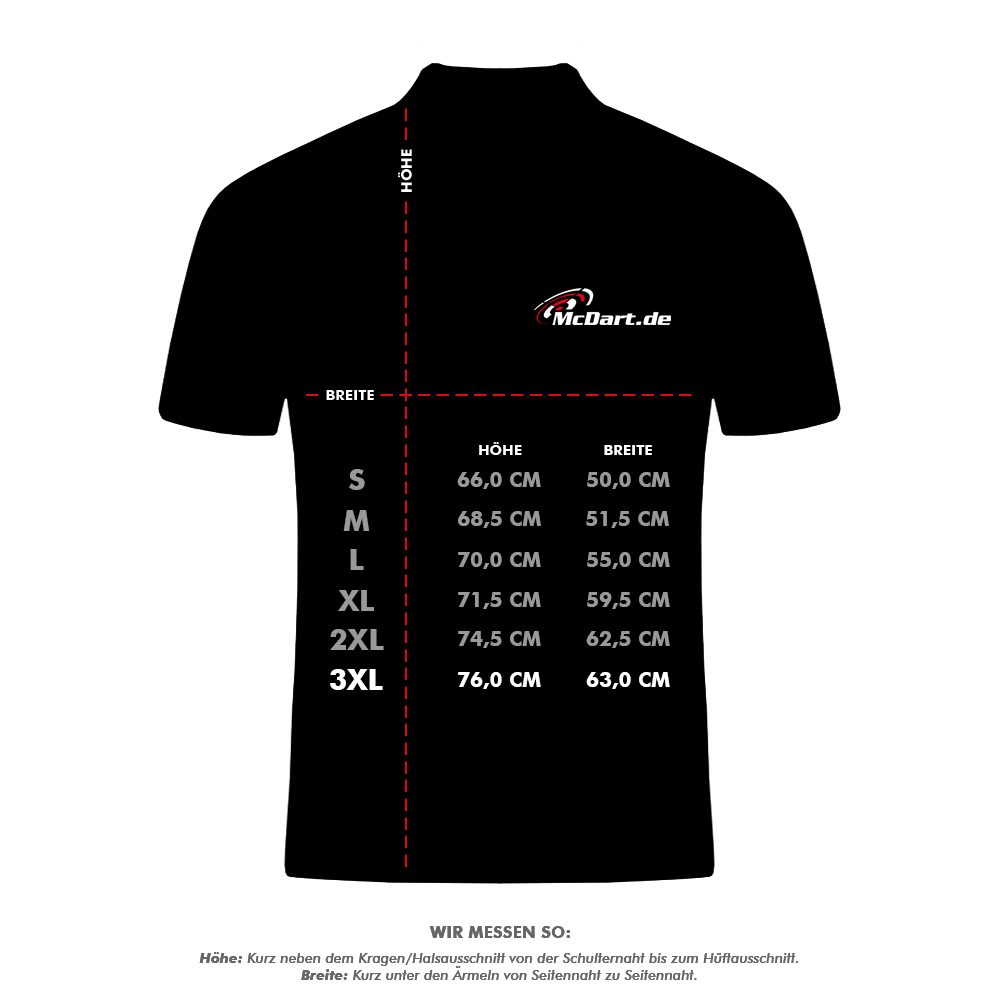 Winmau_Pro-Line_Hoodie_5_3XLjBb6Yx2L83KxD Das Bild zeigt ein schwarzes T-Shirt mit dem Logo "McDart.de" und einer Größentabelle für verschiedene Größen. Die Tabelle gibt die Maße für Höhe und Breite in Zentimetern von Größe S bis 3XL an.