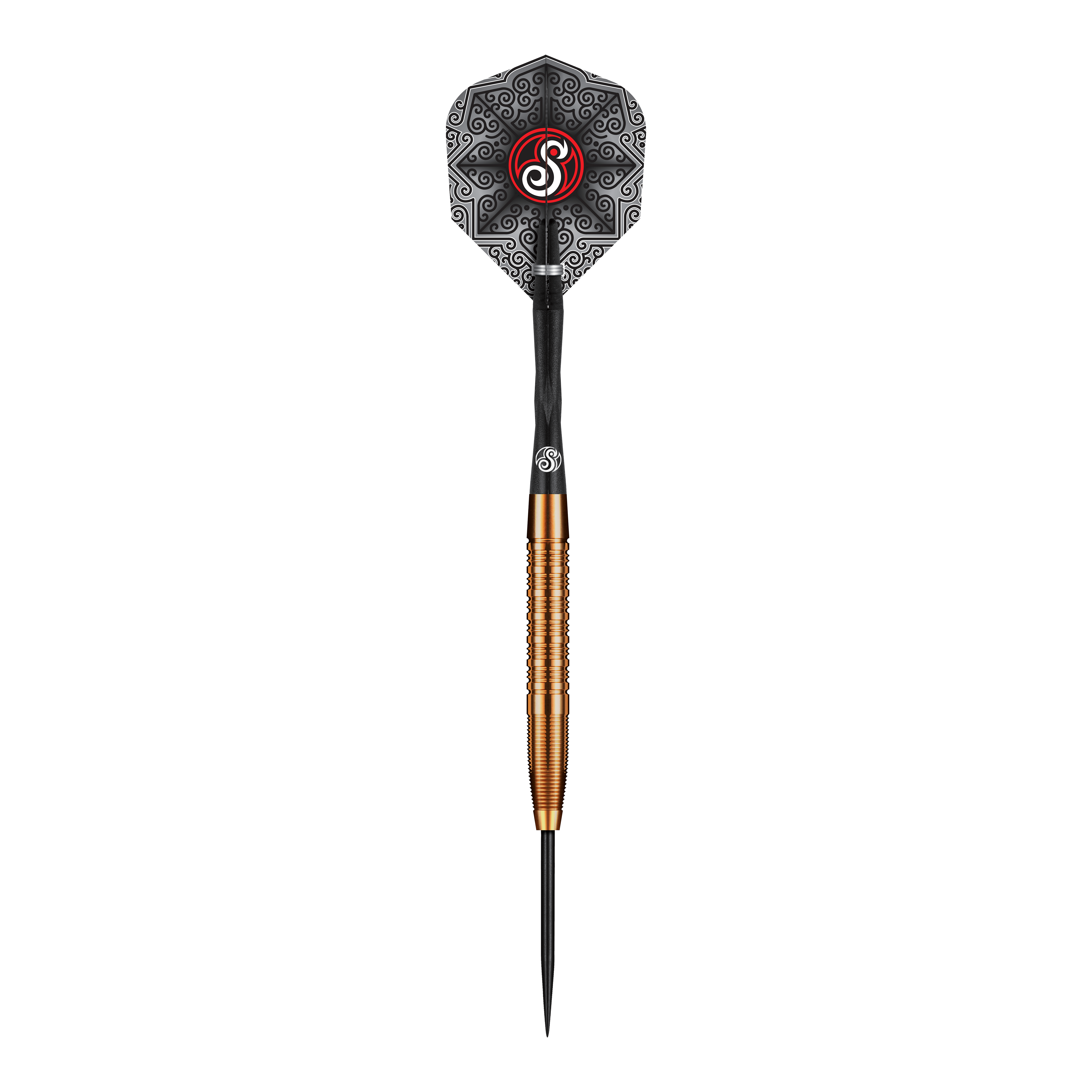Freccette in acciaio Shot Pro Series Jake Womack - 23 g Das Bild zeigt den Shot Pro Series Jake Womack Steeldart mit einem Gewicht von 23 Gramm. Der Dart hat ein auffälliges schwarzes Flight-Design und einen goldfarbenen, gerillten Barrel.