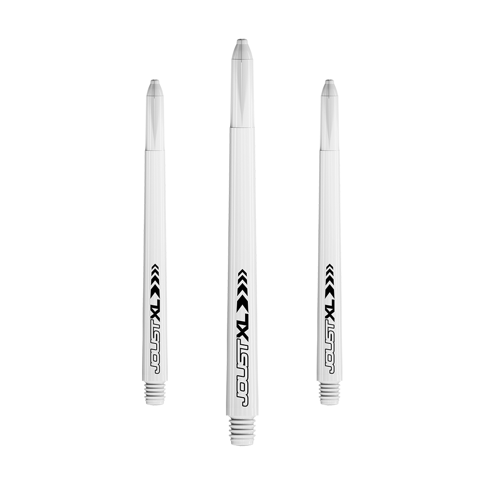 C817_Red_Dragon_Joust_XL_Shafts_Weiss_65mm_1 Das Bild zeigt drei weiße Dartschäfte des Modells "Red Dragon Joust XL Shafts" in der Länge 65 mm. Auf den Schäften ist der Schriftzug "Joust XL" in schwarz aufgedruckt.
