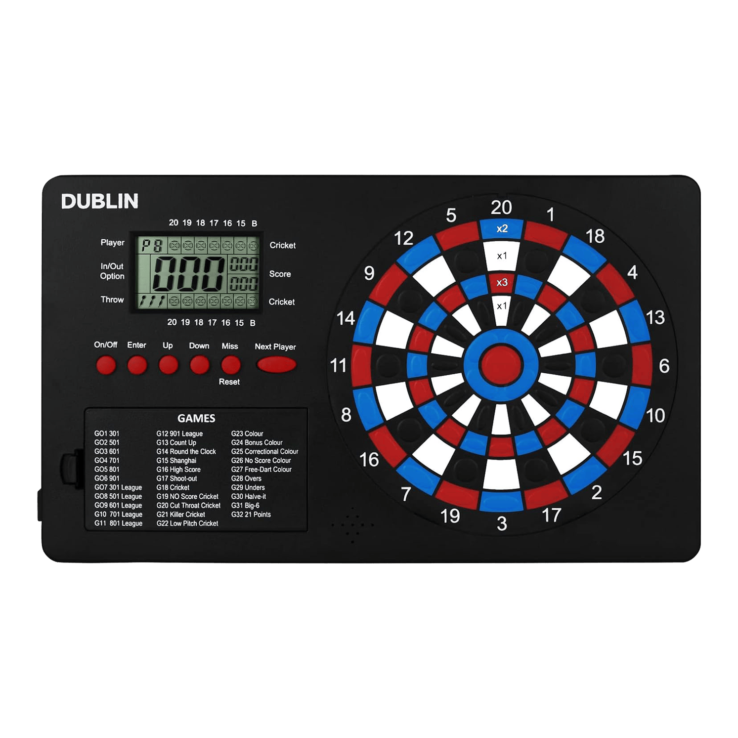Contatore di freccette XQMax Dublin Das Bild zeigt den "XQMax Dublin Dart Counter", ein elektronisches Dartspiel mit eingebautem Punktezähler. Links befindet sich ein digitales Display und Tasten zur Spielsteuerung, rechts das bunte Dartboard mit verschiedenen Zahlenfeldern.