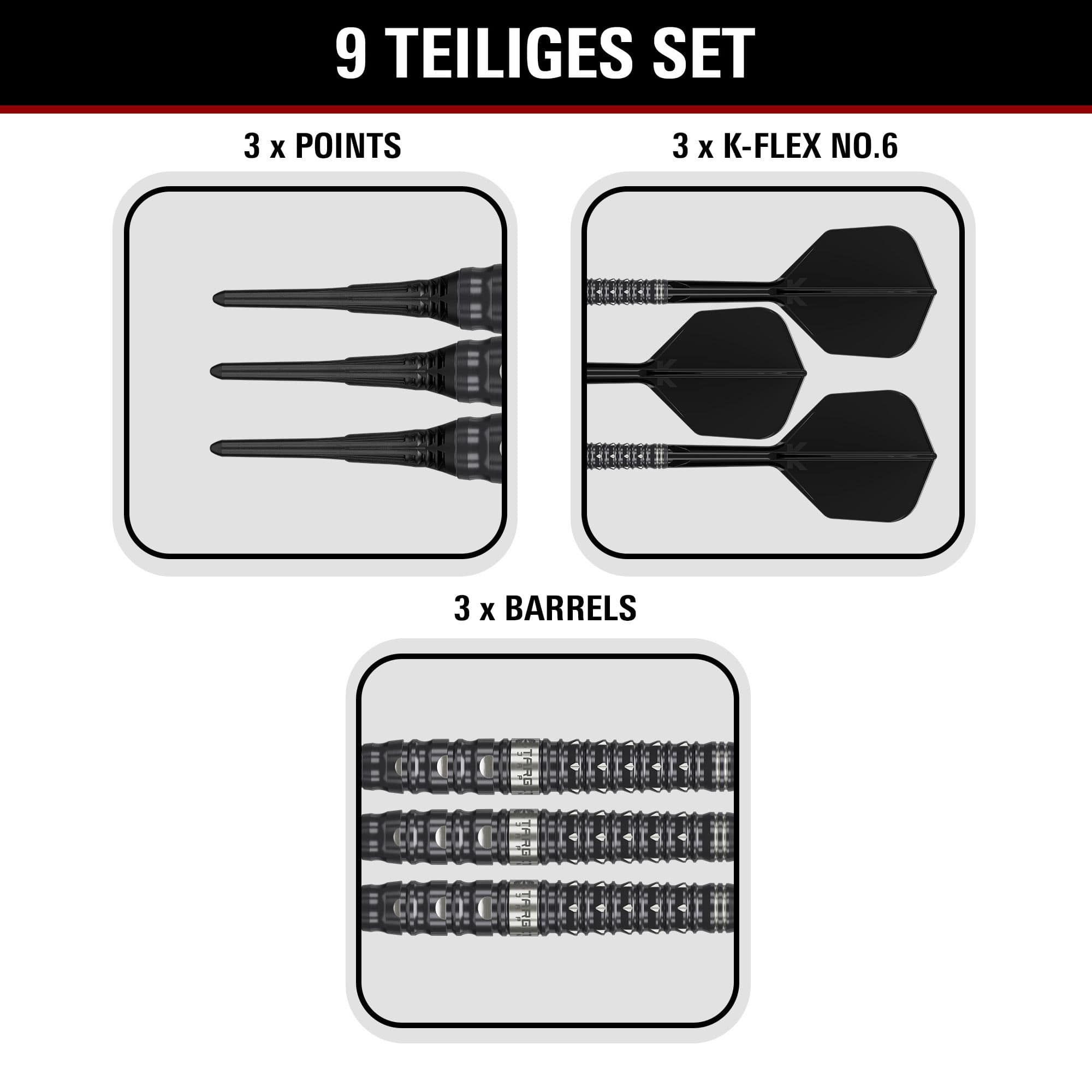 Freccette morbide Target Black Marque Eclipse - 21 g Target Black Marque Eclipse Softdarts mit 21g-Gewicht werden dargestellt. Das Produkt zeichnet sich durch ein elegantes schwarzes Design aus.