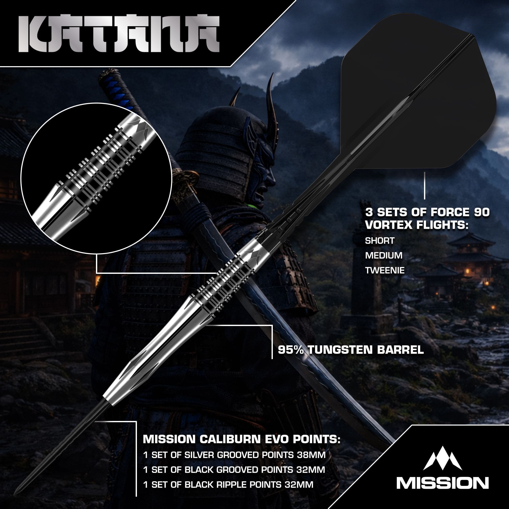 Freccette in acciaio Mission Katana Mission Katana Steeldarts werden präsentiert. Das Foto zeigt das Produkt detailliert für eine bessere Ansicht.