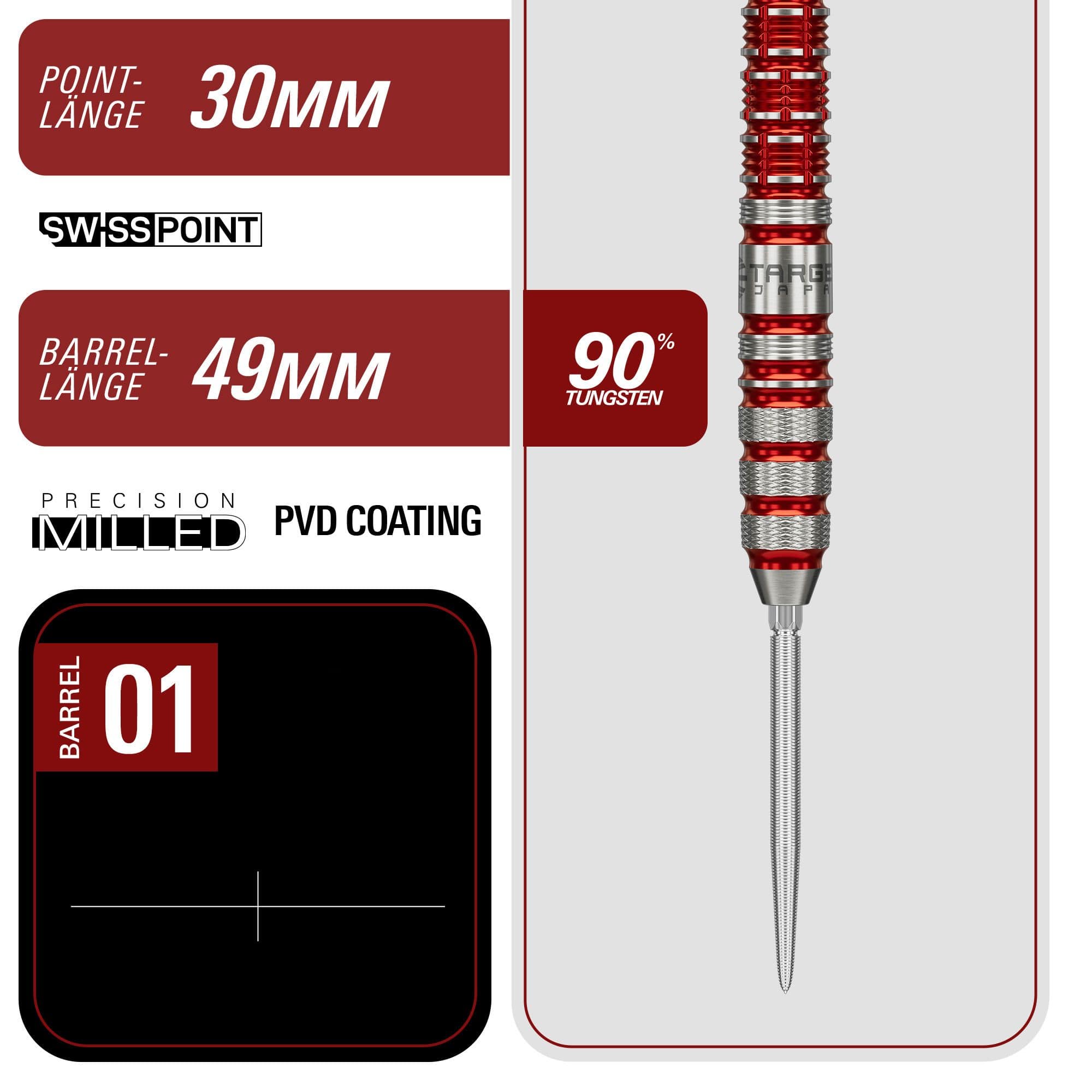 Dardi in acciaio Target Japan Black Marque Spinel Swiss Point - 23 g Abgebildet sind die Target Japan Black Marque Spinel Swiss Point Steeldarts mit 23 Gramm Gewicht. Die Darts sind speziell für Präzision und Design entwickelt.