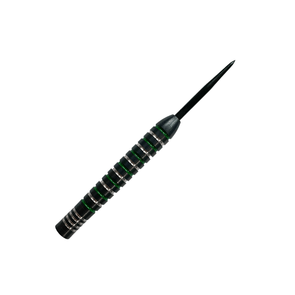Barili per freccette in acciaio verde argento McDart Das Bild zeigt einen McDart Silver Green Steeldart Barrel. Der Dart hat silberne und grüne Rillen und eine schwarze Spitze.