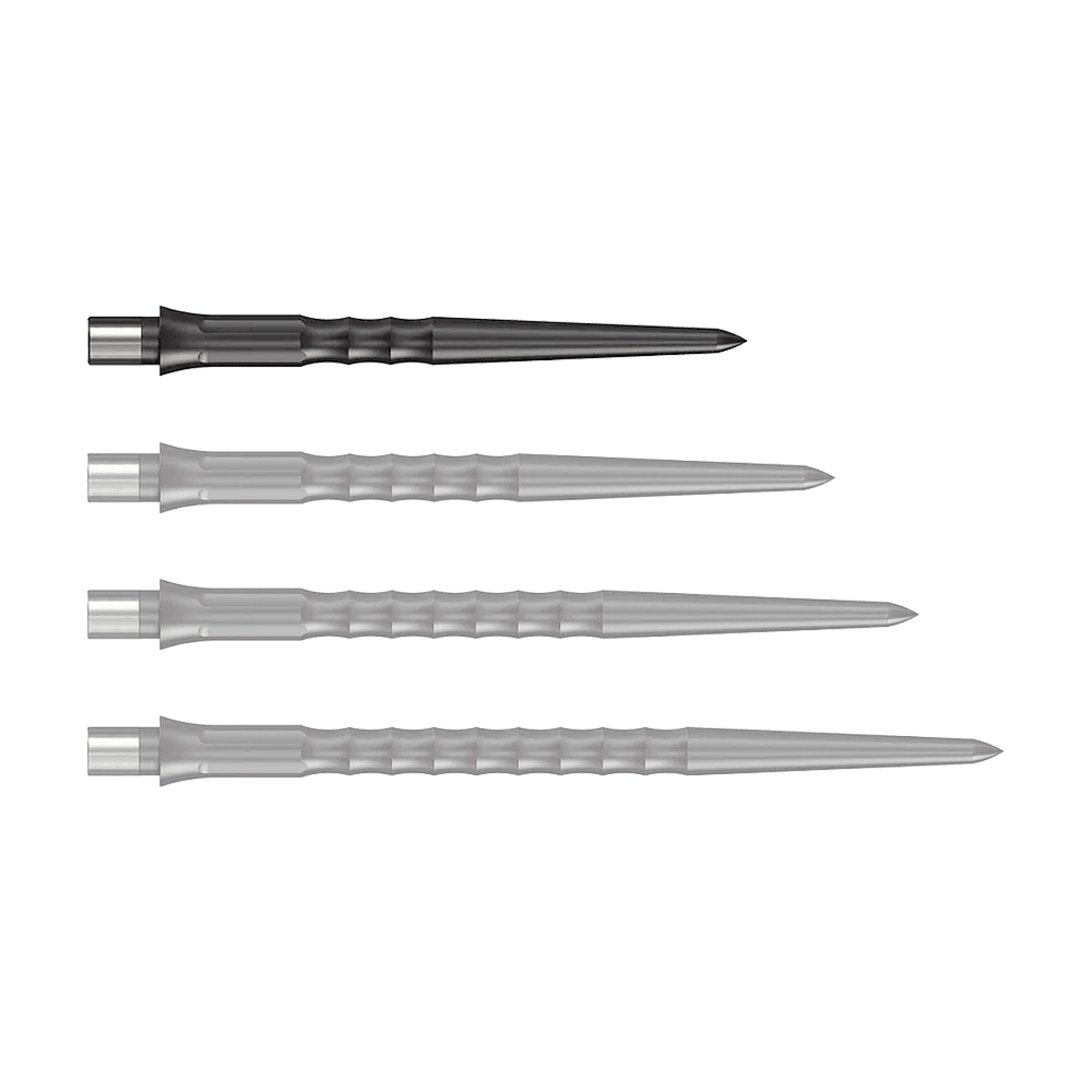 Abgebildet ist eine schwarze Steeldartspitze mit Ripple NoLip Design, 28 mm lang. Das Produkt gehört zum Caliburn Evo System.