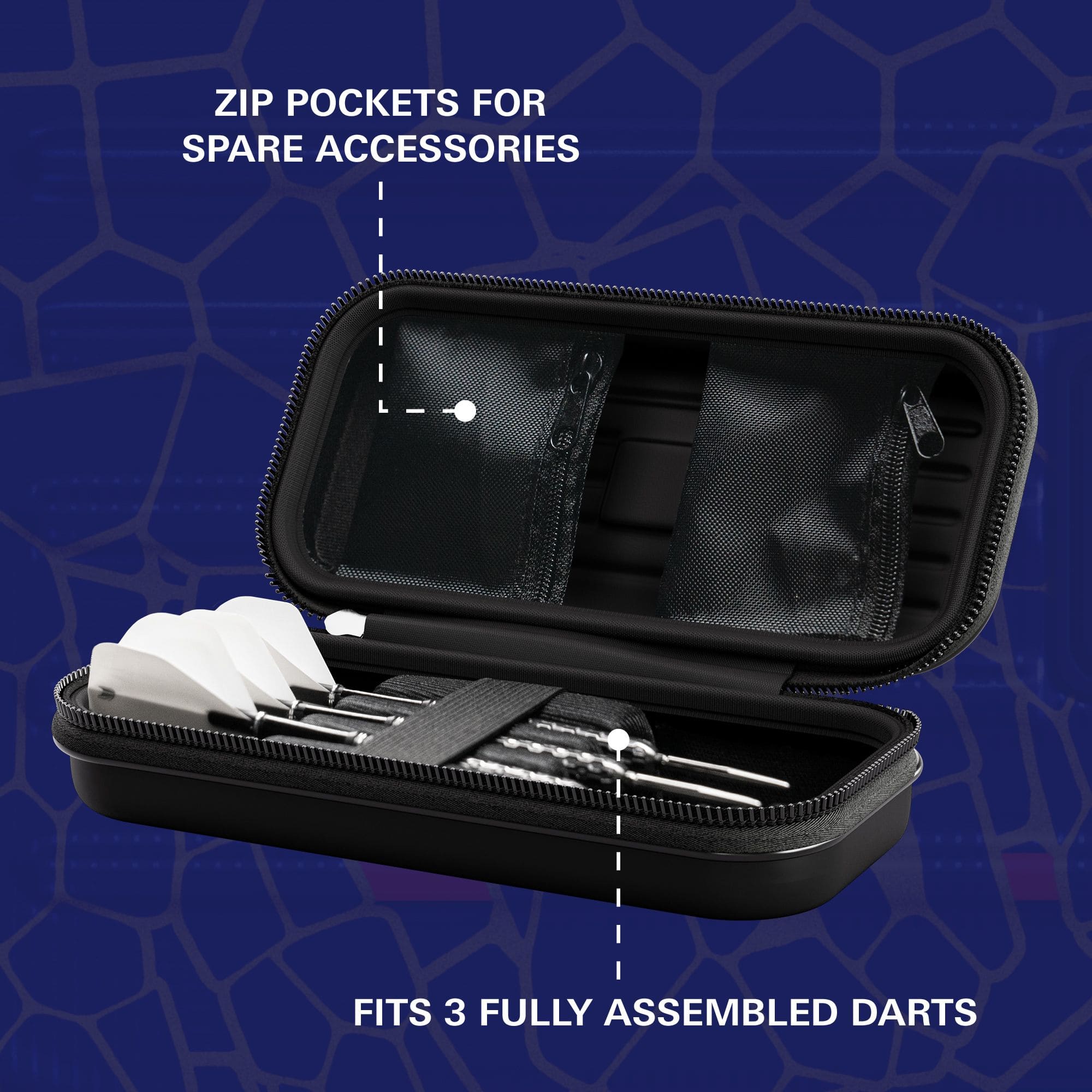 Custodia per freccette Target Takoma Josh Rock Das Bild zeigt das Target Takoma Josh Rock Dartcase mit drei komplett zusammengebauten Darts. Es verfügt über Reißverschlusstaschen für Ersatz-Zubehör.