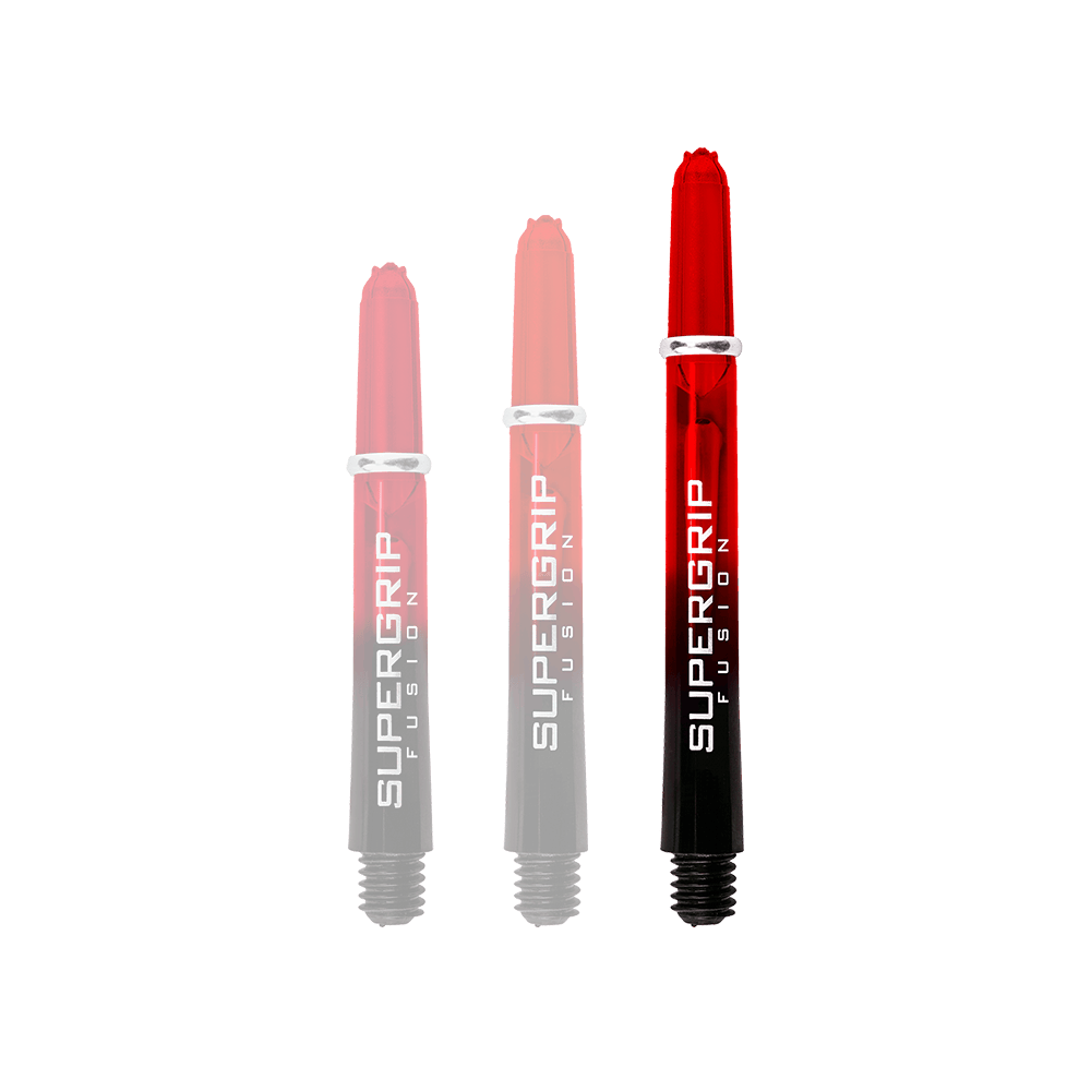 HR344_Harrows_Supergrip_Fusion_Shafts_Rot_47mm_1szumLCjfgZCLq Das Bild zeigt drei Harrows Supergrip Fusion Shafts in Rot. Die Schäfte sind teilweise rot und schwarz gefärbt und tragen den Schriftzug "SUPERGRIP FUSION".