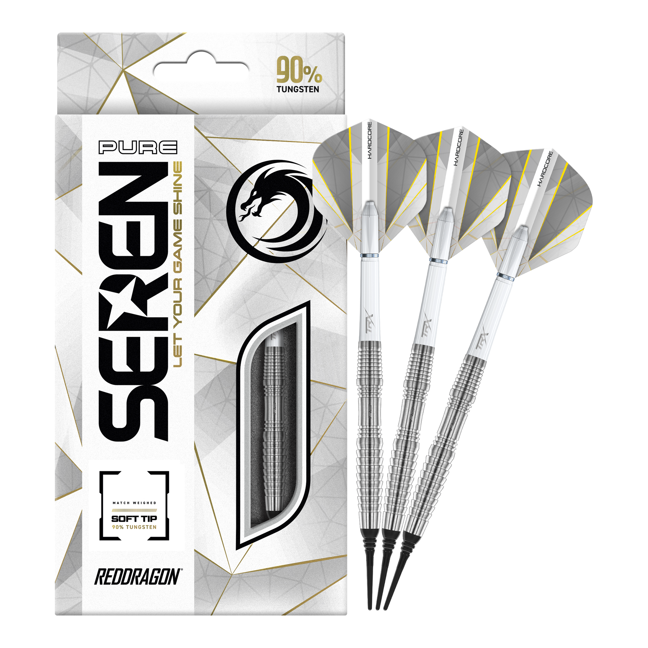 Red Dragon Seren 3 Pure Softdarts - 20 g Das Bild zeigt die Red Dragon Seren 3 Pure Softdarts mit 20g Gewicht. Die Verpackung hebt hervor, dass die Darts zu 90% aus Tungsten bestehen.