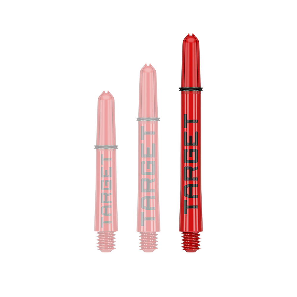 Aste Target Pro Grip TAG - 3 set - Rosso Auf dem Bild sind drei rote Dart-Schäfte in unterschiedlichen Längen zu sehen. Auf jedem Schaft steht das Wort "TARGET" in schwarzen Buchstaben.