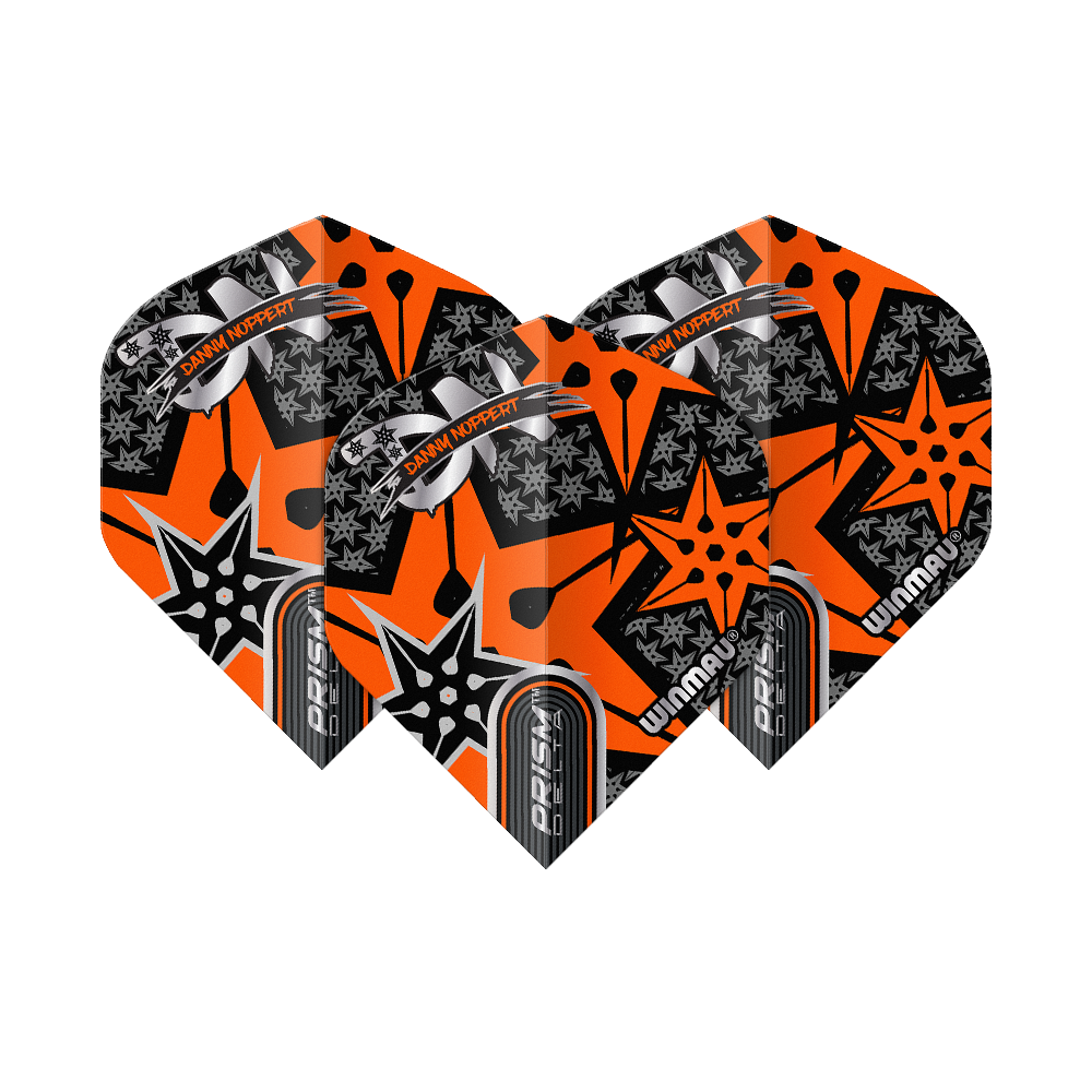 Voli standard Winmau Prism Delta Danny Noppert Orange Signature No2 Das Bild zeigt drei Dart-Flights mit auffälligem orange-schwarzem Design. Auf den Flights steht "Danny Noppert" und "Winmau Prism Delta".