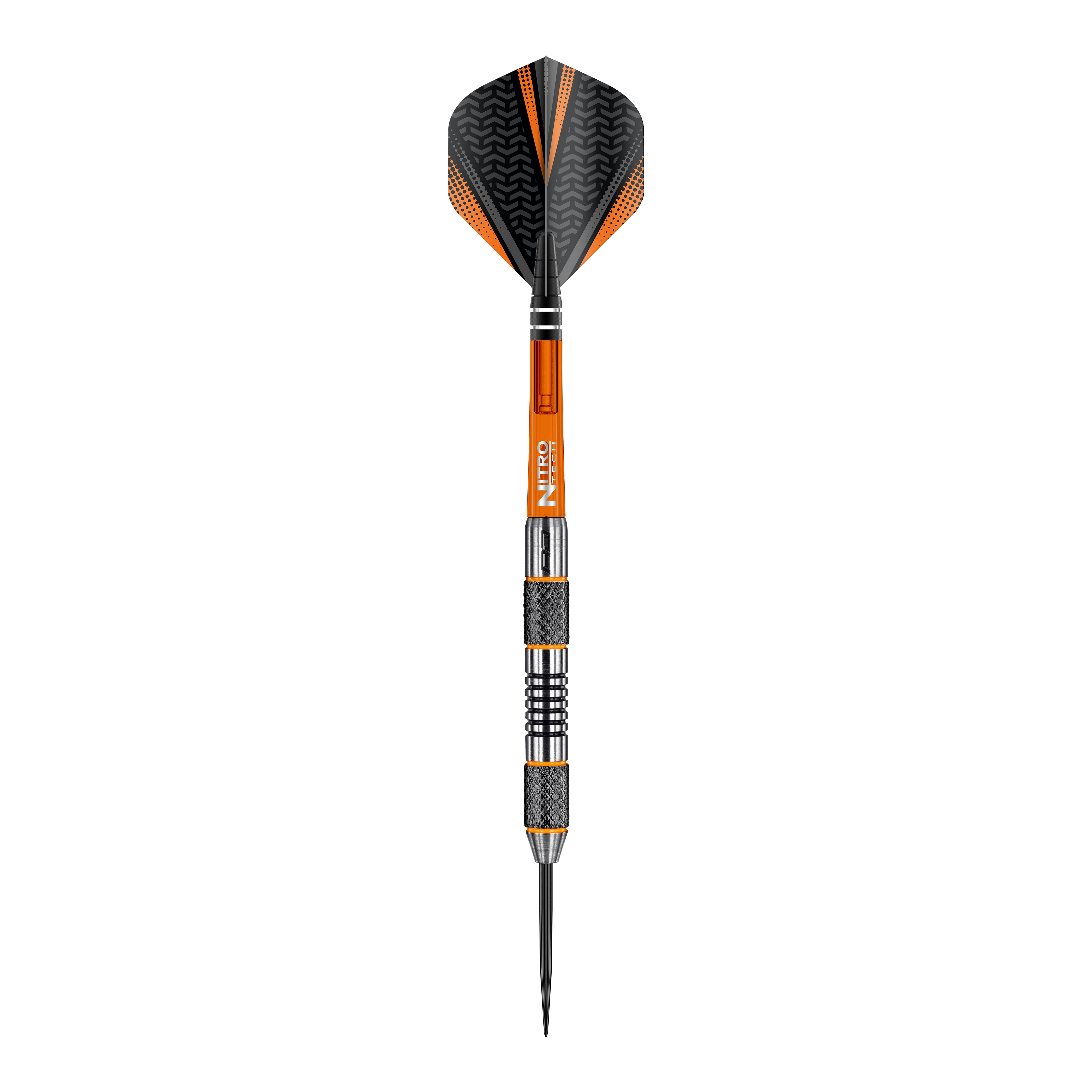 Red Dragon Amberjack 5 freccette in acciaio - 24 g Dies ist ein Steeldart der Marke Red Dragon, Modell Amberjack 5 mit einem Gewicht von 24 Gramm. Der Dart hat ein schwarzes und orangefarbenes Design mit metallischen und geriffelten Griffbereichen.