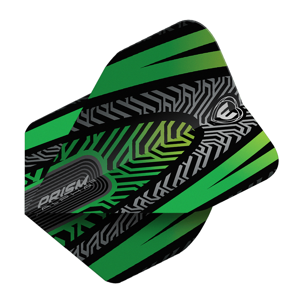 Voli standard Winmau Prism Alpha Black Green No. 2 Dieses Bild zeigt ein Winmau Prism Alpha Schwarz Grün No2 Standard Dartflight. Das Flight hat ein modernes Muster in Schwarz, Grün und Grau.