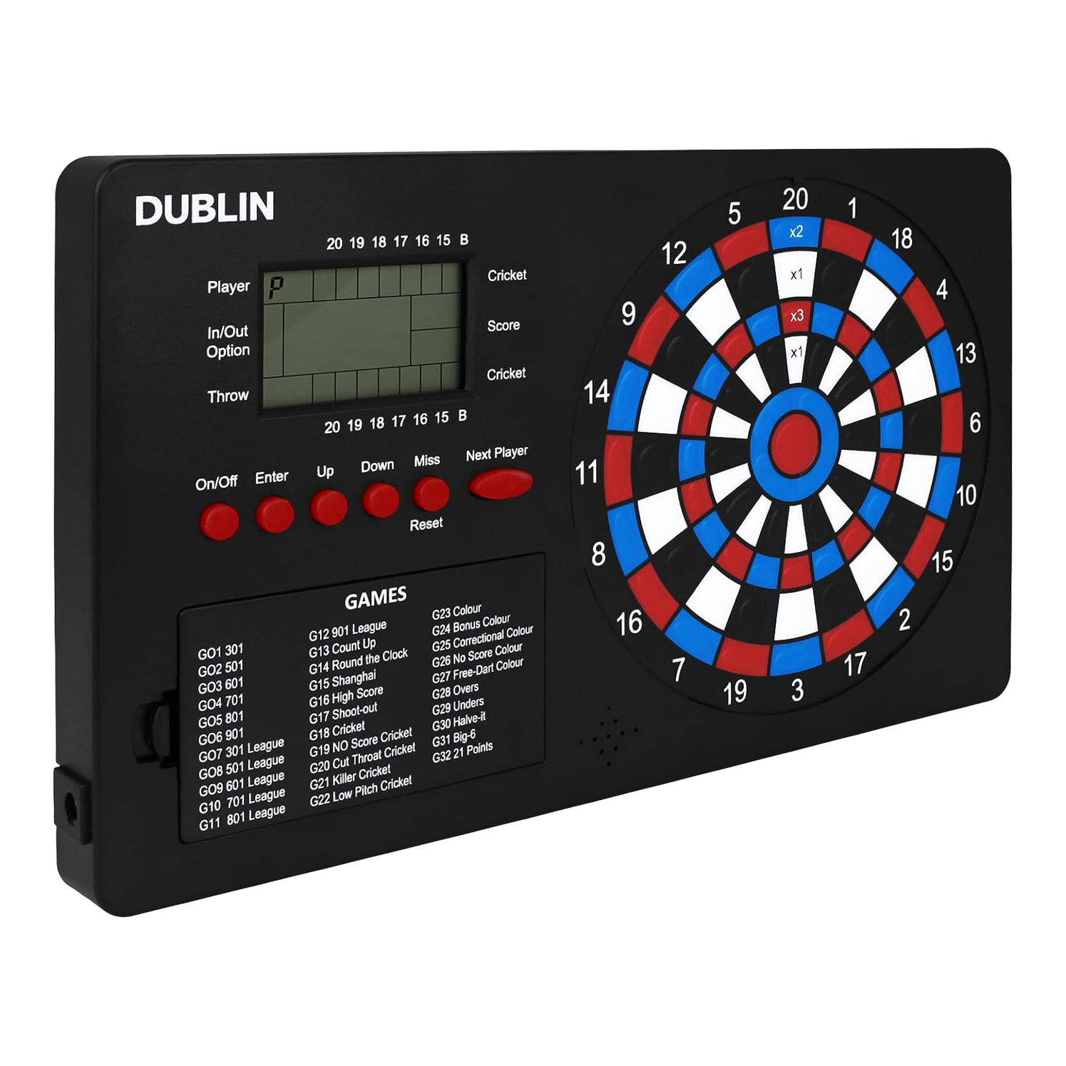 Contatore di freccette XQMax Dublin Das Bild zeigt den "XQMax Dublin Dart Counter", ein elektronisches Dartboard mit digitalem Display. Auf dem Gerät befinden sich zahlreiche Tasten zur Bedienung und eine Übersicht verschiedener Dartspiele.