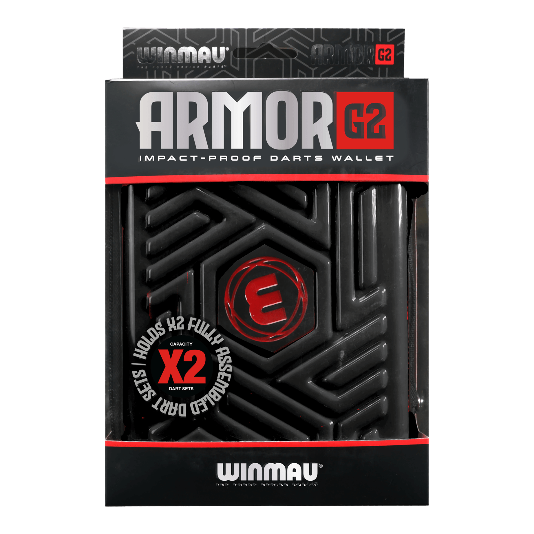 Portafoglio per freccette Winmau Armor G2 Dies ist eine schwarze, stoßfeste Darttasche der Marke Winmau namens "Armor G2". Sie bietet Platz für zwei komplett montierte Dart-Sets.